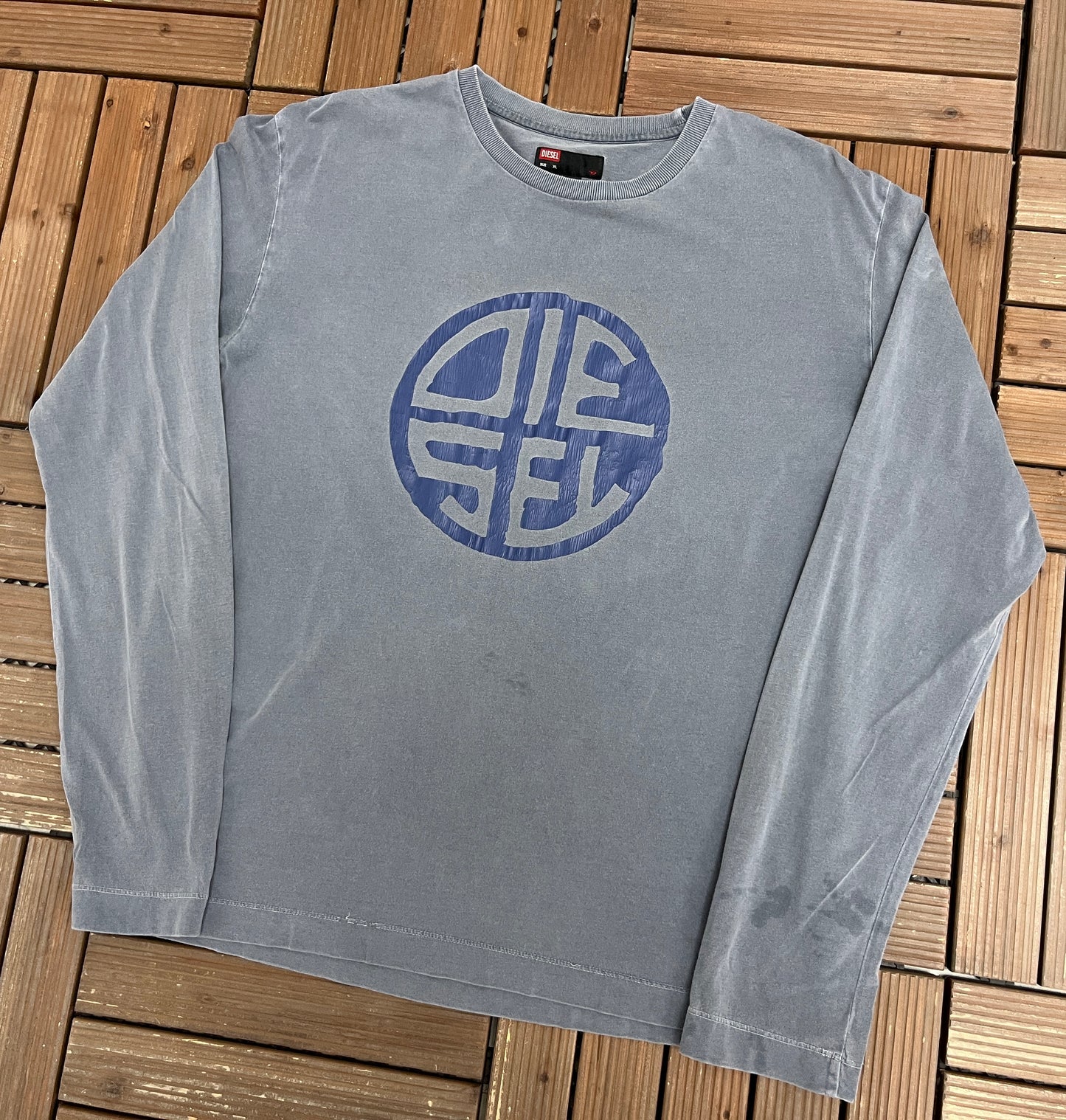 Diesel Spell Out Graphic Tee | Size X-Large | Used 2000s Blue/Grey Designer Long Sleeve Shirt |