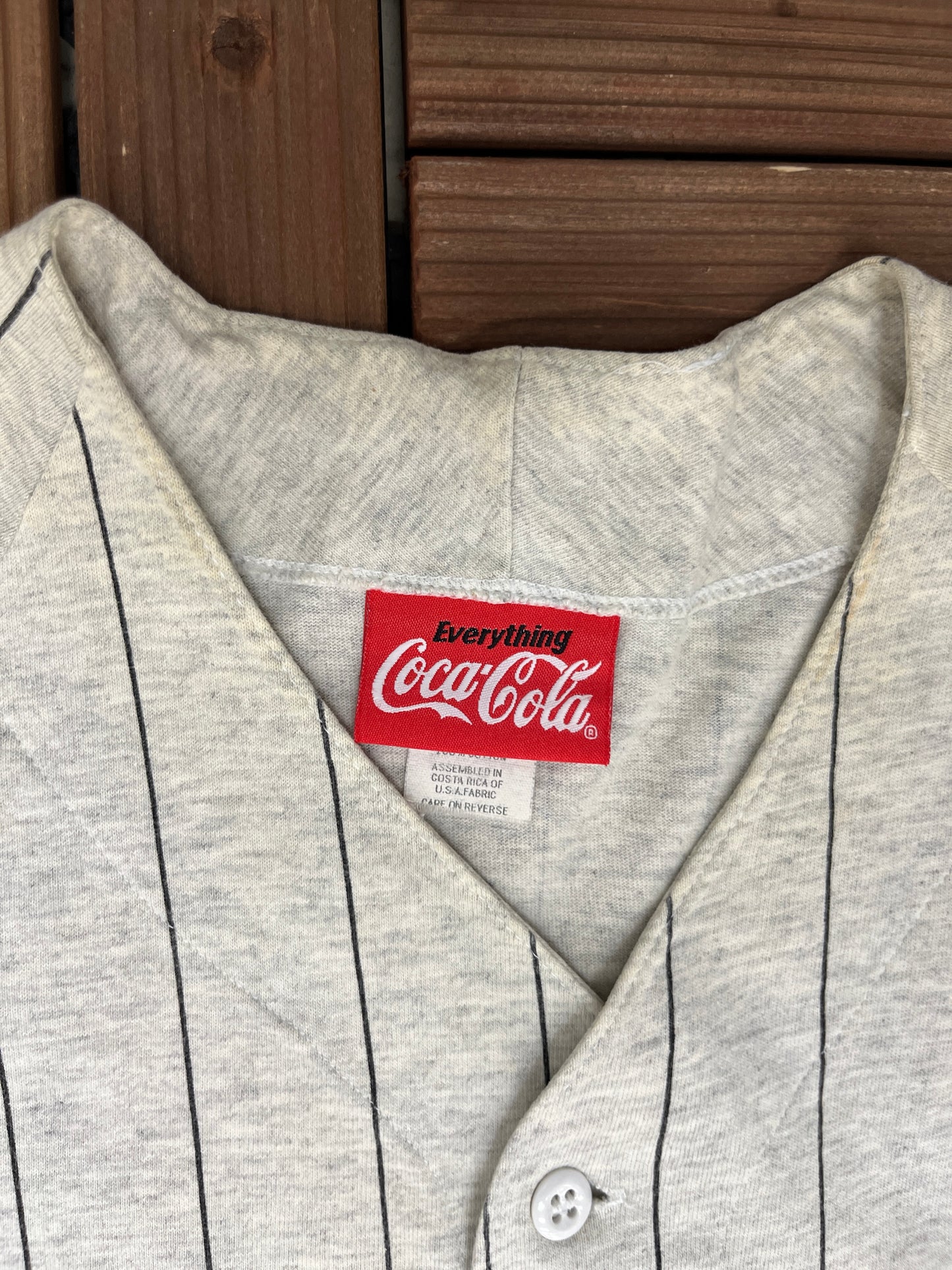 Coca-Cola Pinstripe Baseball Jersey | Size Medium | Vintage 2000s Promotional Grey Jersey |