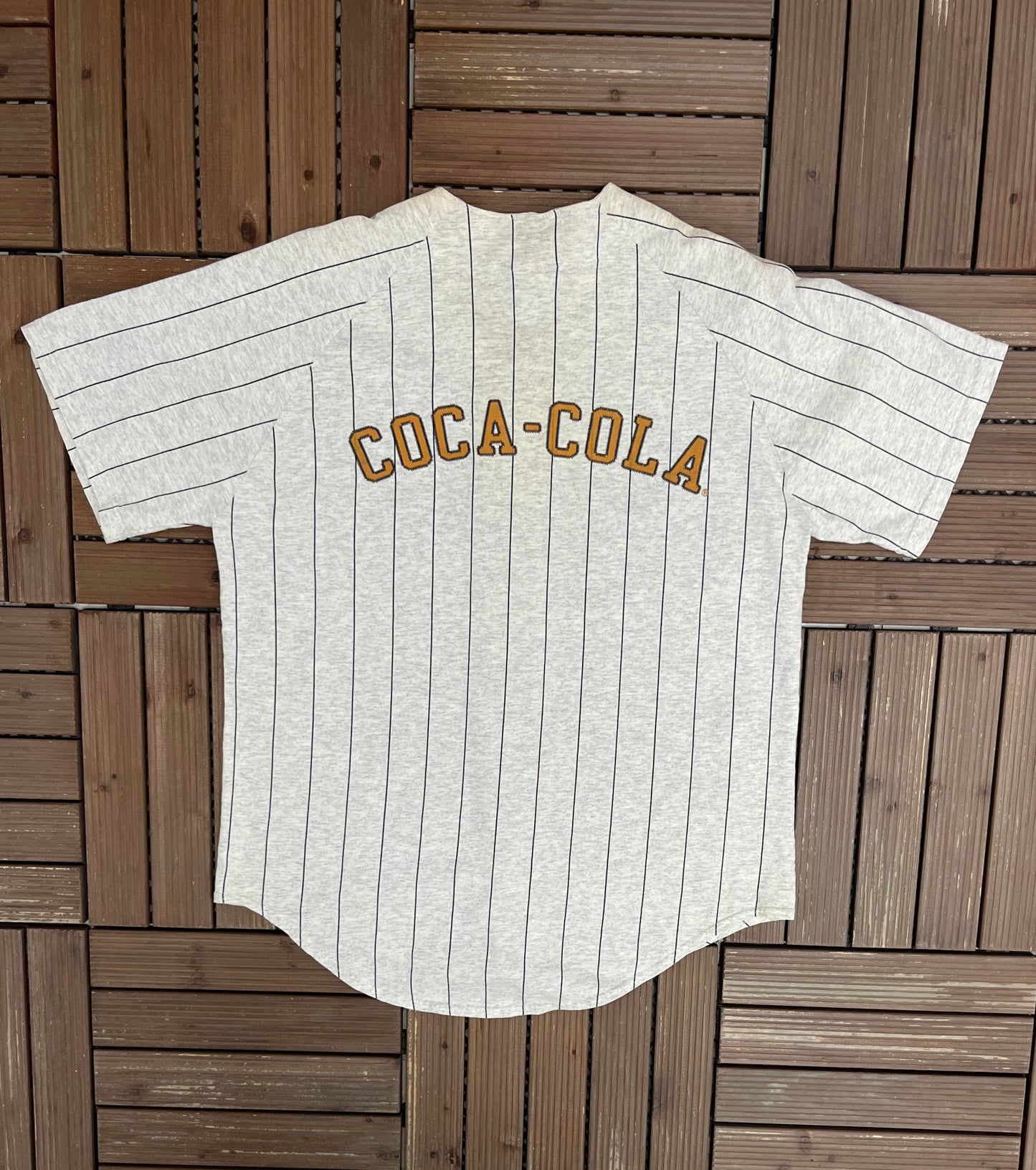 Coca-Cola Pinstripe Baseball Jersey | Size Medium | Vintage 2000s Promotional Grey Jersey |