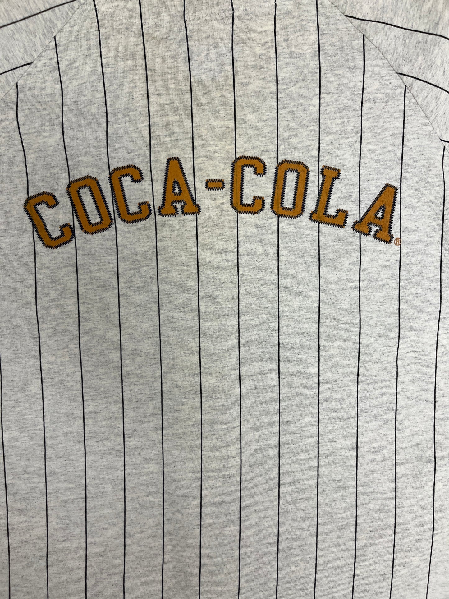 Coca-Cola Pinstripe Baseball Jersey | Size Medium | Vintage 2000s Promotional Grey Jersey |