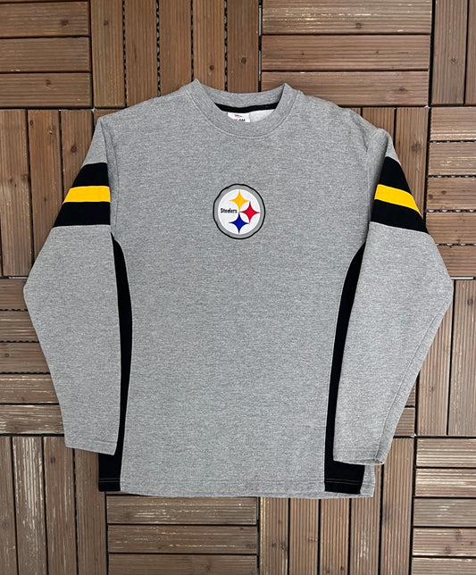 Pittsburgh Steelers Stitched Graphic Crewneck | Size Medium | Vintage 1990s NFL Football Grey Sweater |