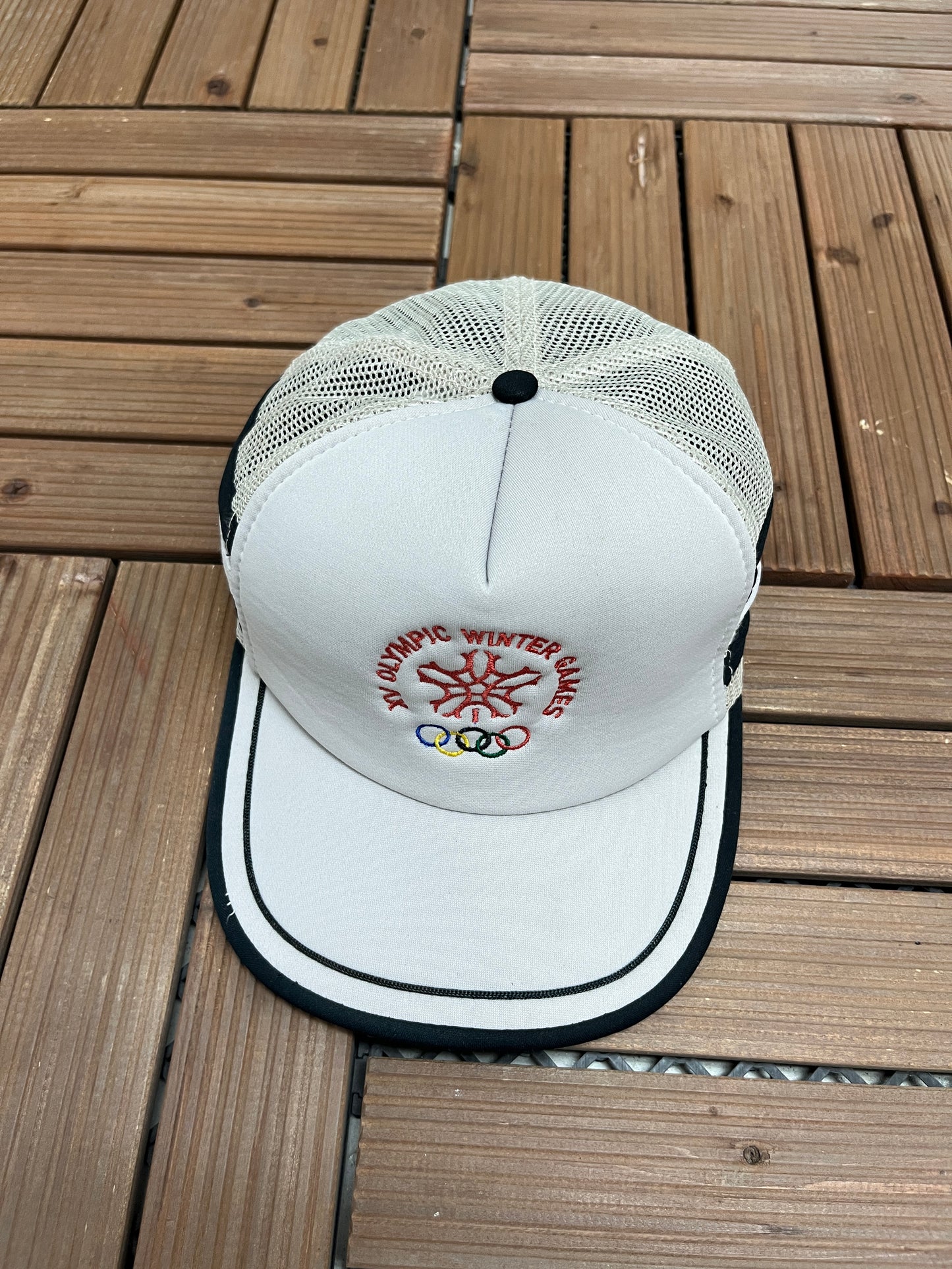 XV Olympic Winter Games Embroidered Hat | Snap Back | Vintage 1990s Promotional Grey Trucker Cap |