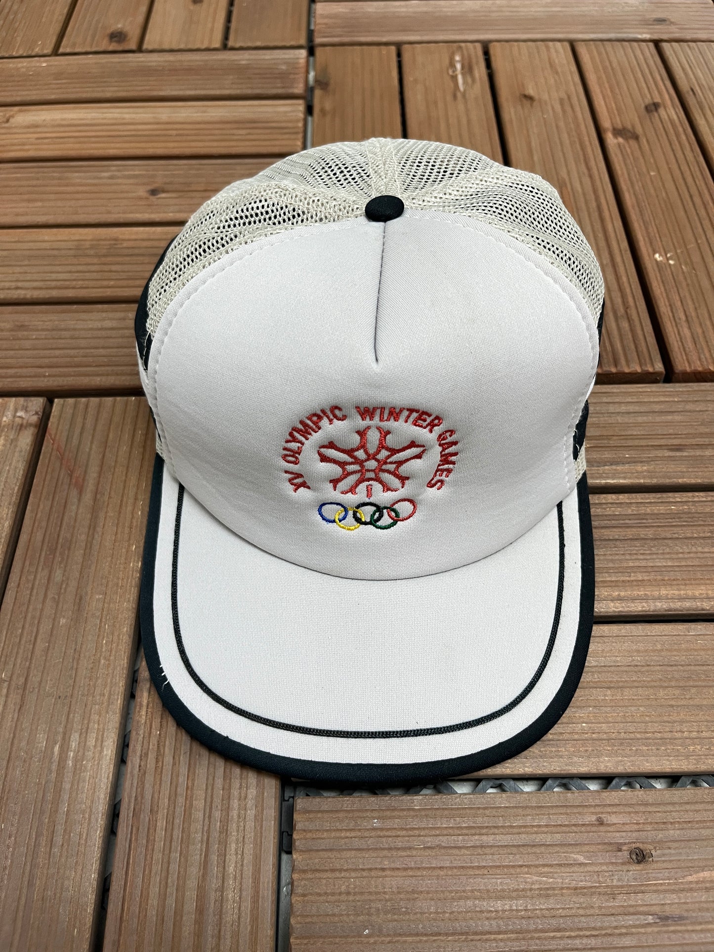 XV Olympic Winter Games Embroidered Hat | Snap Back | Vintage 1990s Promotional Grey Trucker Cap |