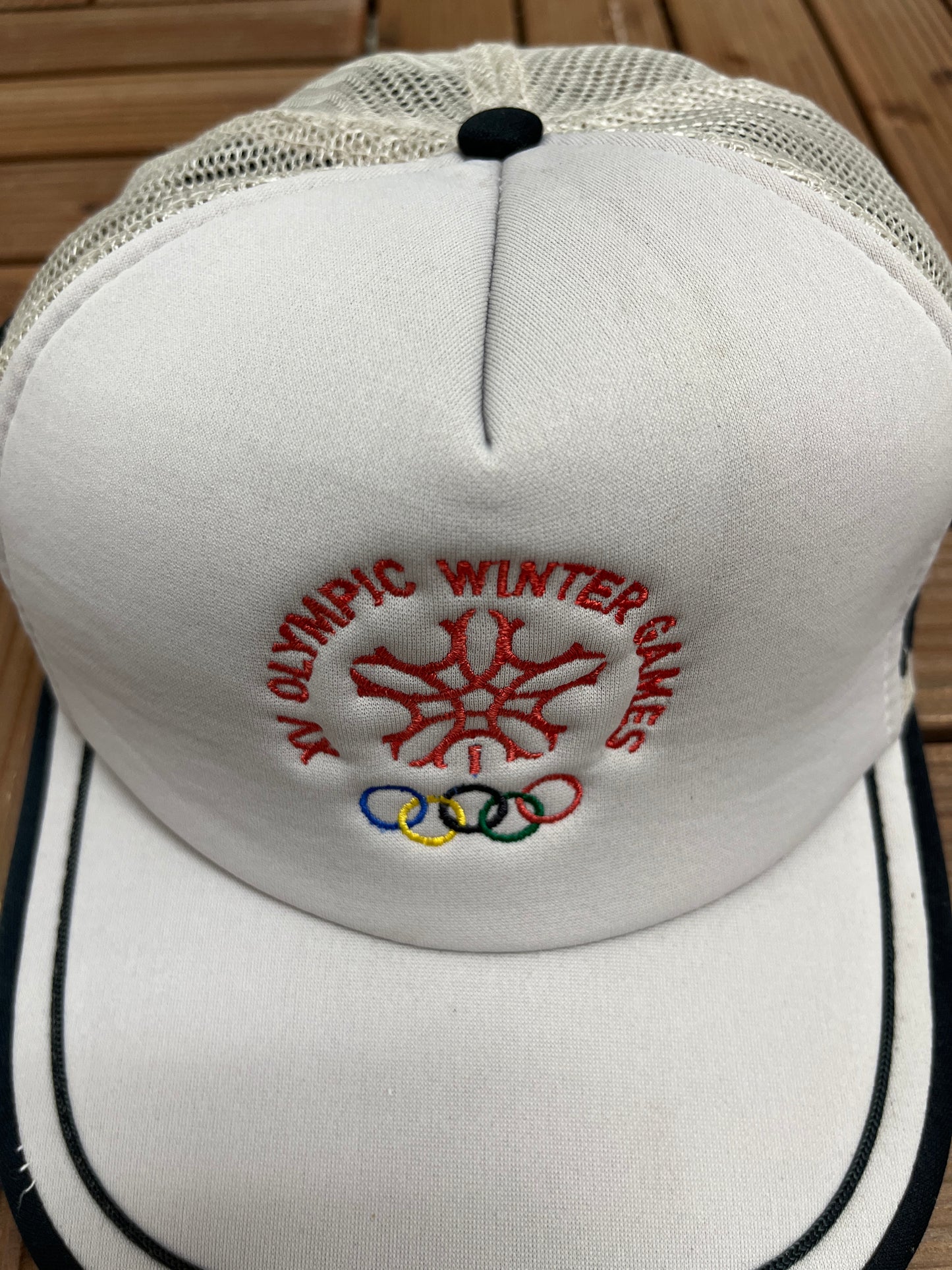 XV Olympic Winter Games Embroidered Hat | Snap Back | Vintage 1990s Promotional Grey Trucker Cap |