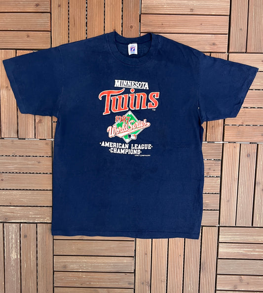 Minnesota Twins World Series 1987 Graphic Tee | Size X-Large | Vintage 1980s MLB Baseball Blue T-Shirt |