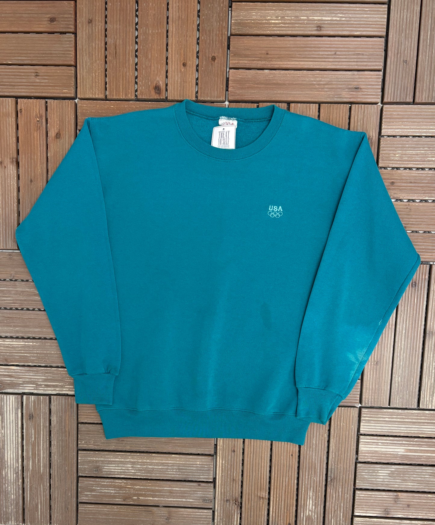 Atlanta Olympics '96 Embroidered Crewneck | Size Medium | Vintage 1990s Promotional Green Sweater |