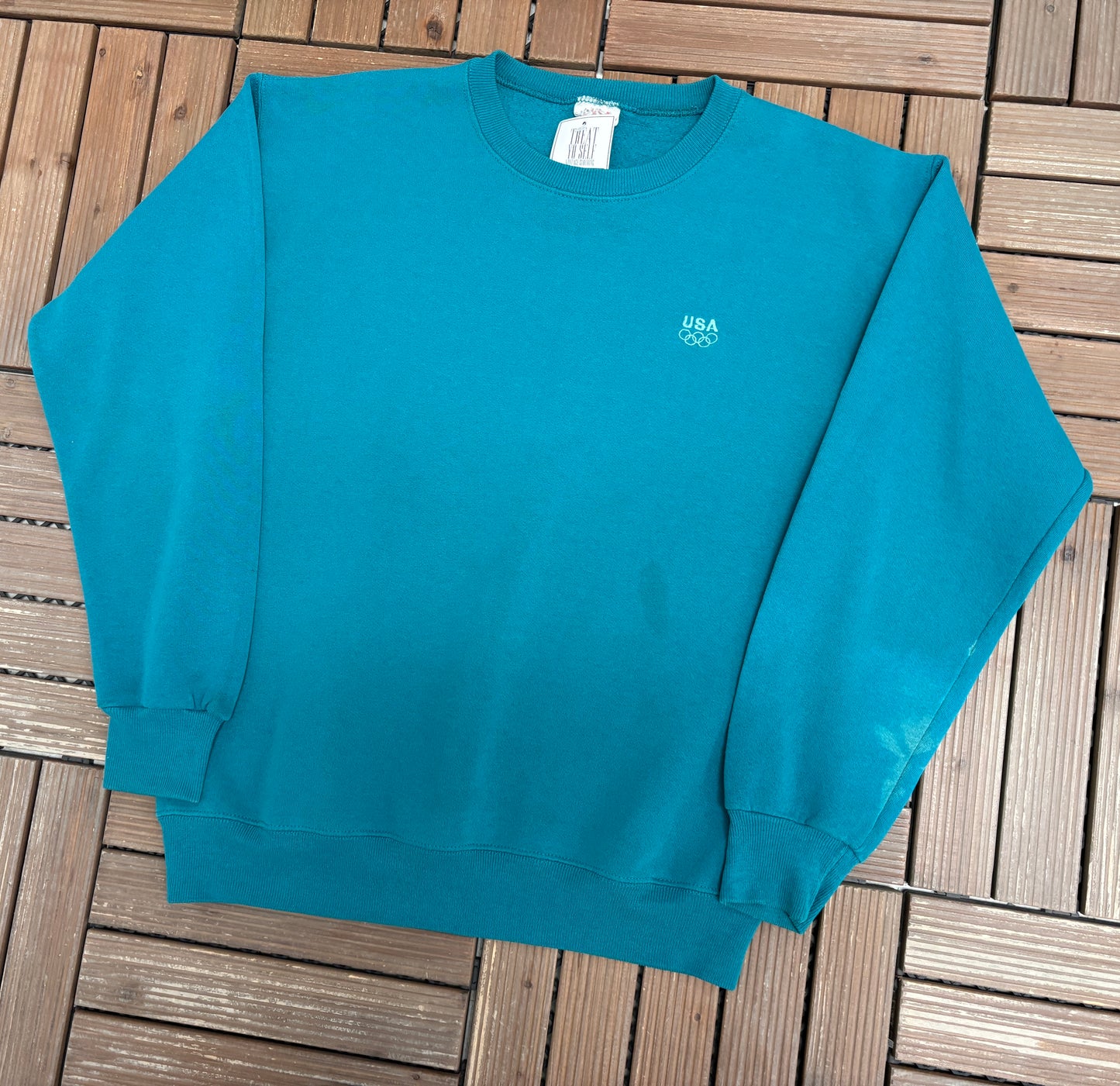 Atlanta Olympics '96 Embroidered Crewneck | Size Medium | Vintage 1990s Promotional Green Sweater |