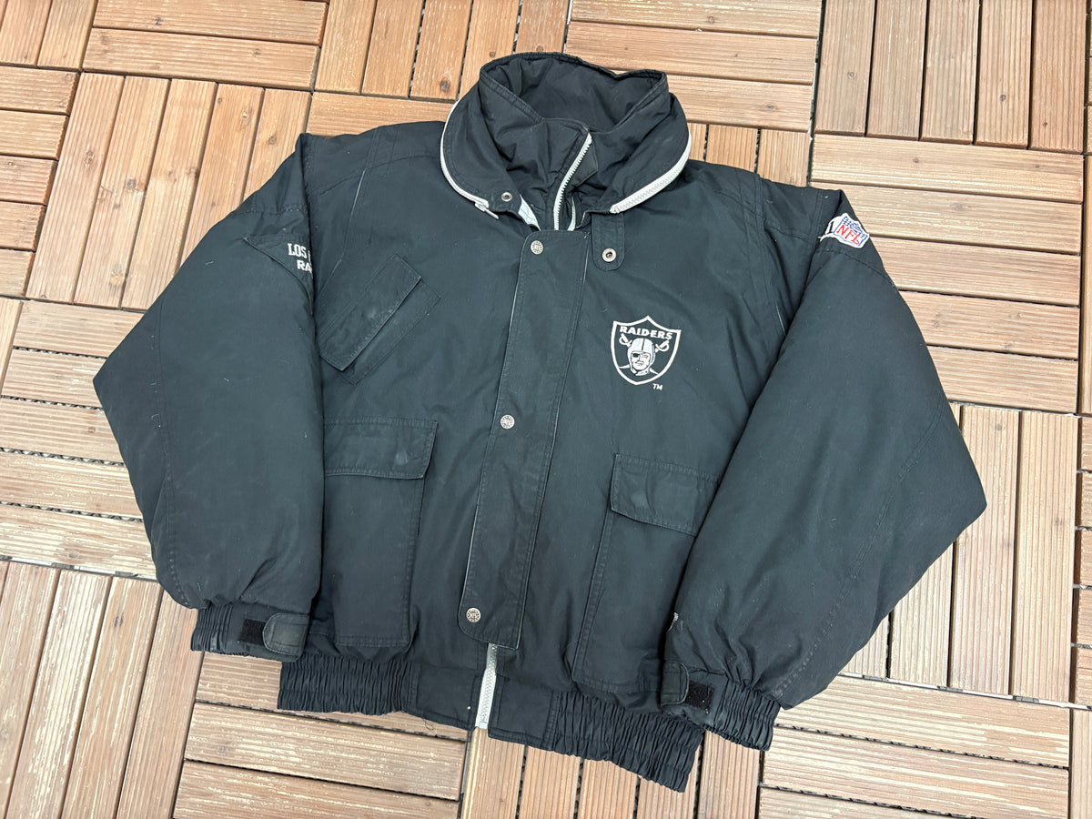 Los Angeles Raiders Puffer Jacket | Size Large | Vintage 1990s NFL Football Black Jacket |
