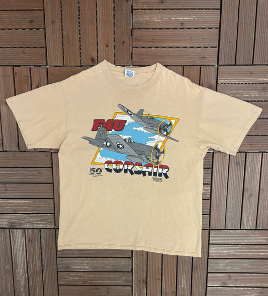 F4U Corsair Graphic Tee | Size Large | Vintage 1990s Military Beige T-Shirt |