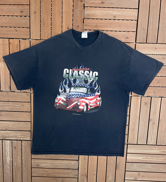 American Classic Cars Graphic Tee | Size X-Large | Vintage 2000s Promotional Blue T-Shirt |