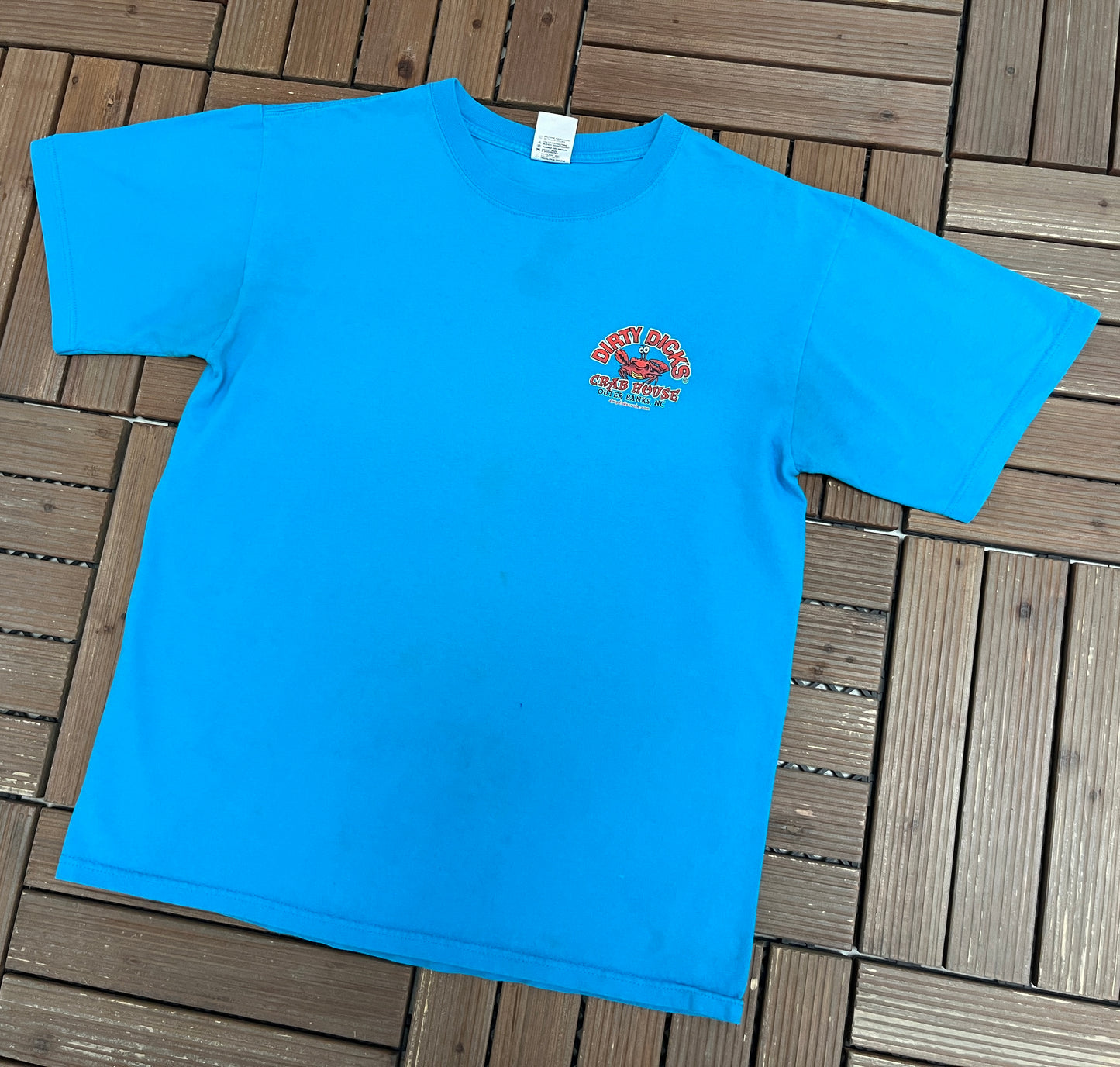 Dirty Dicks Crab House Outer Banks Graphic Tee | Size Medium | Vintage 2000s Funny Tourist Blue T-Shirt |