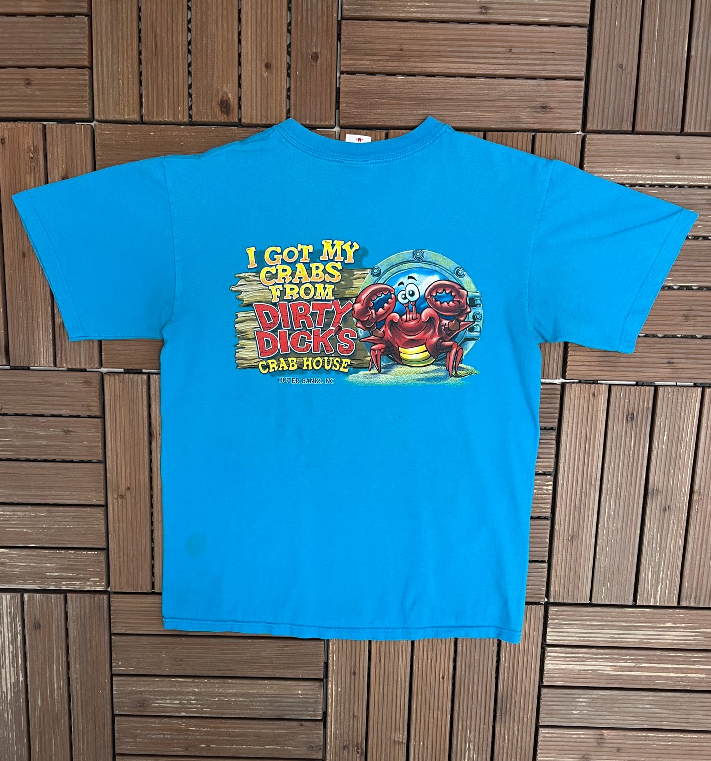 Dirty Dicks Crab House Outer Banks Graphic Tee | Size Medium | Vintage 2000s Funny Tourist Blue T-Shirt |