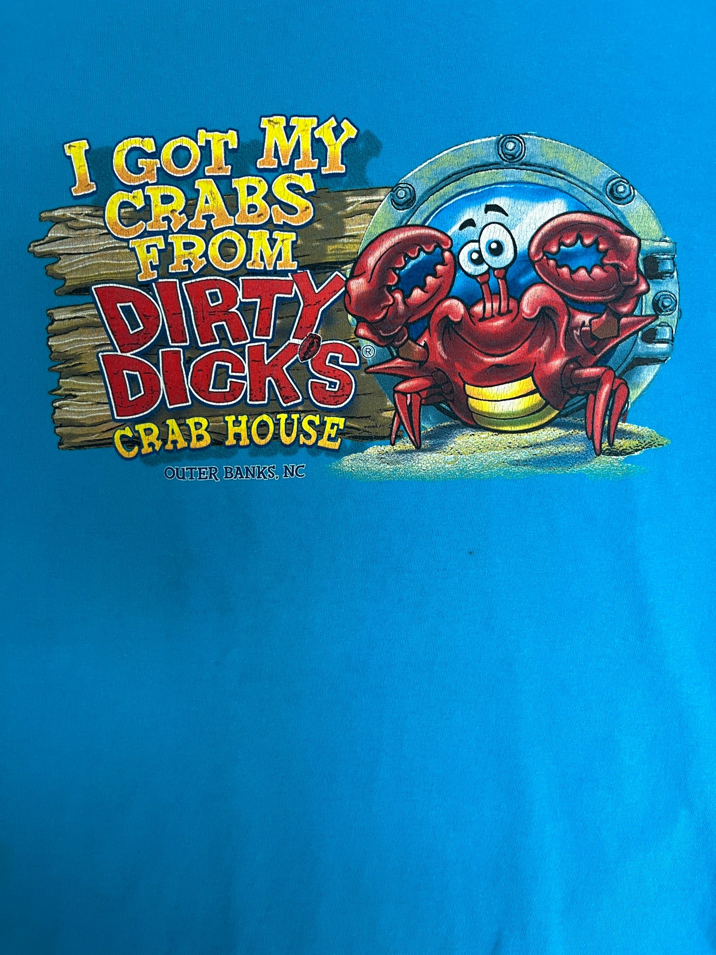 Dirty Dicks Crab House Outer Banks Graphic Tee | Size Medium | Vintage 2000s Funny Tourist Blue T-Shirt |