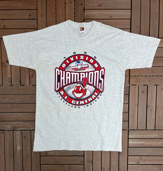 Cleveland Indians AL Central Champions Graphic Tee | Size X-Large | Vintage 1990s MLB Baseball Grey T-Shirt |