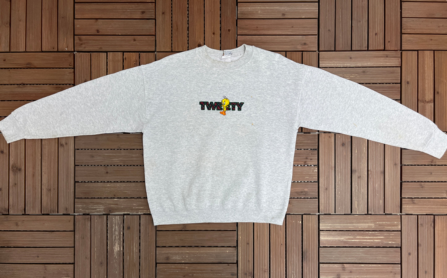 Tweety Bird Embroidered Graphic Crewneck | Size Large | Vintage 1990s Grey Cartoon Promotional Sweater |