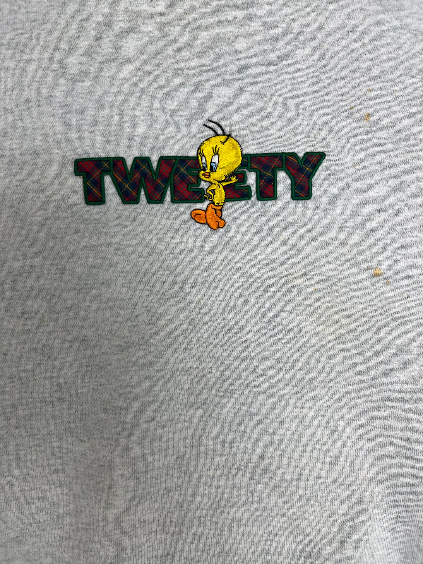 Tweety Bird Embroidered Graphic Crewneck | Size Large | Vintage 1990s Grey Cartoon Promotional Sweater |