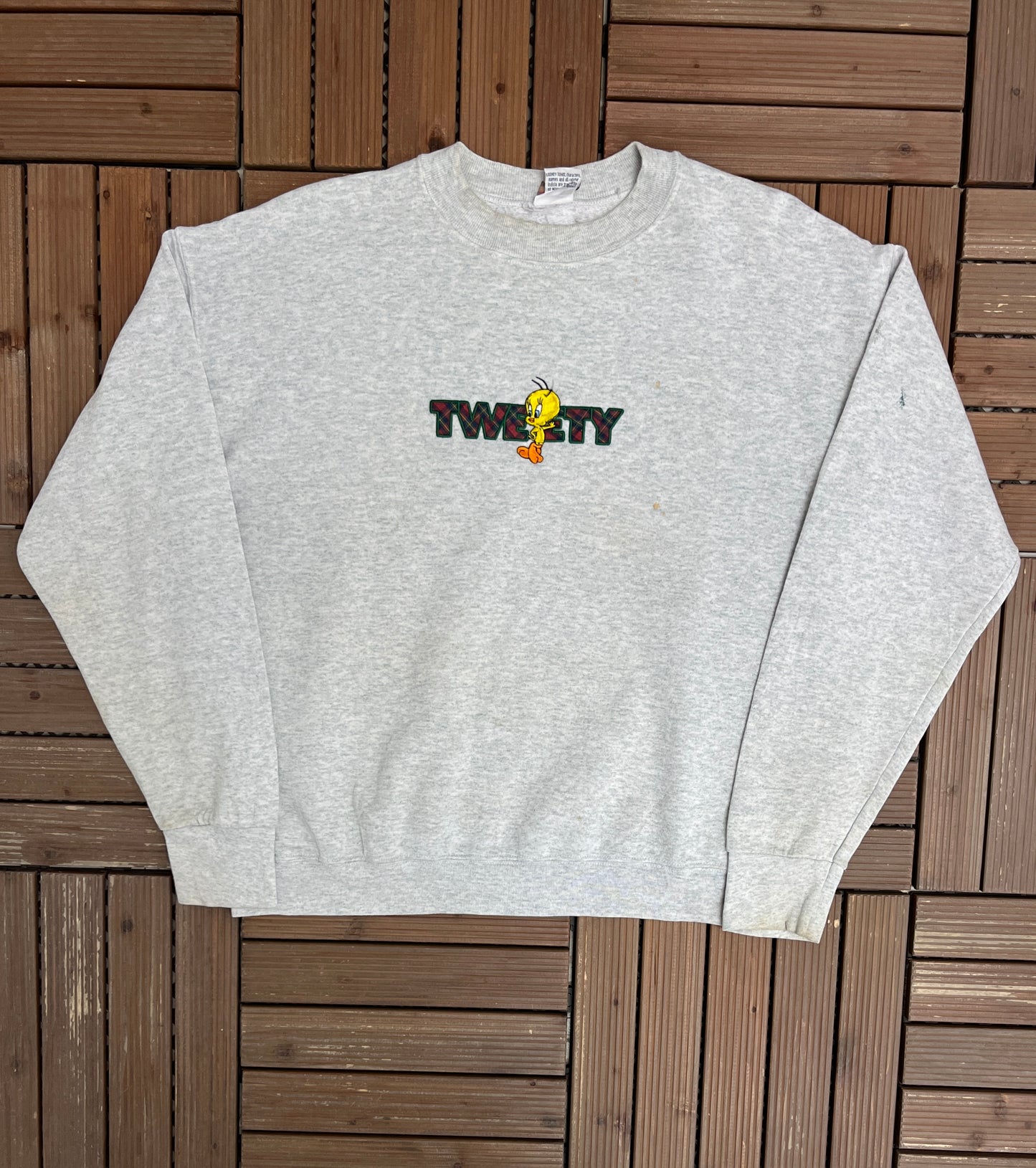 Tweety Bird Embroidered Graphic Crewneck | Size Large | Vintage 1990s Grey Cartoon Promotional Sweater |