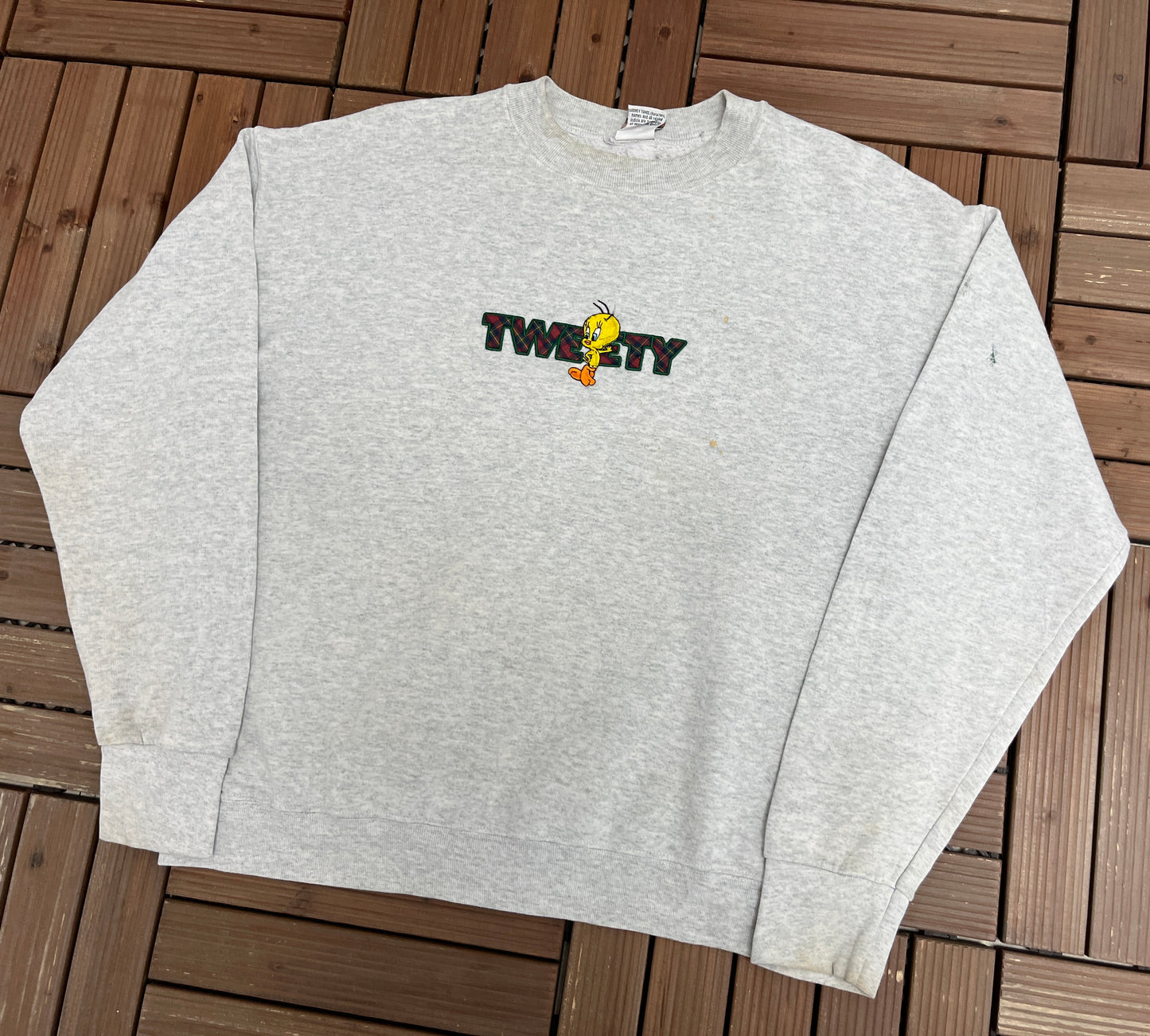 Tweety Bird Embroidered Graphic Crewneck | Size Large | Vintage 1990s Grey Cartoon Promotional Sweater |