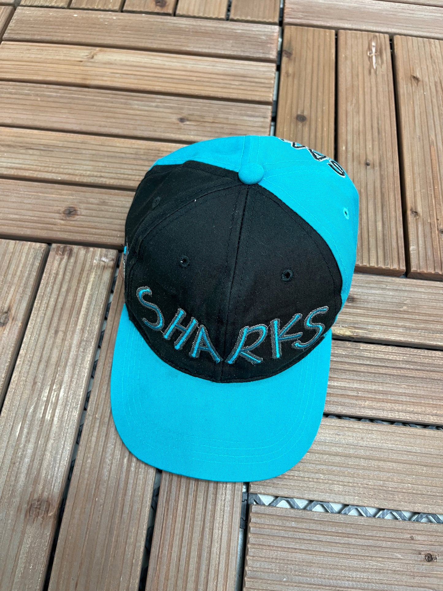 San Jose Sharks Embroidered Graphic Hat | Snap Back | Vintage 1990s NHL Hockey Black Cap |