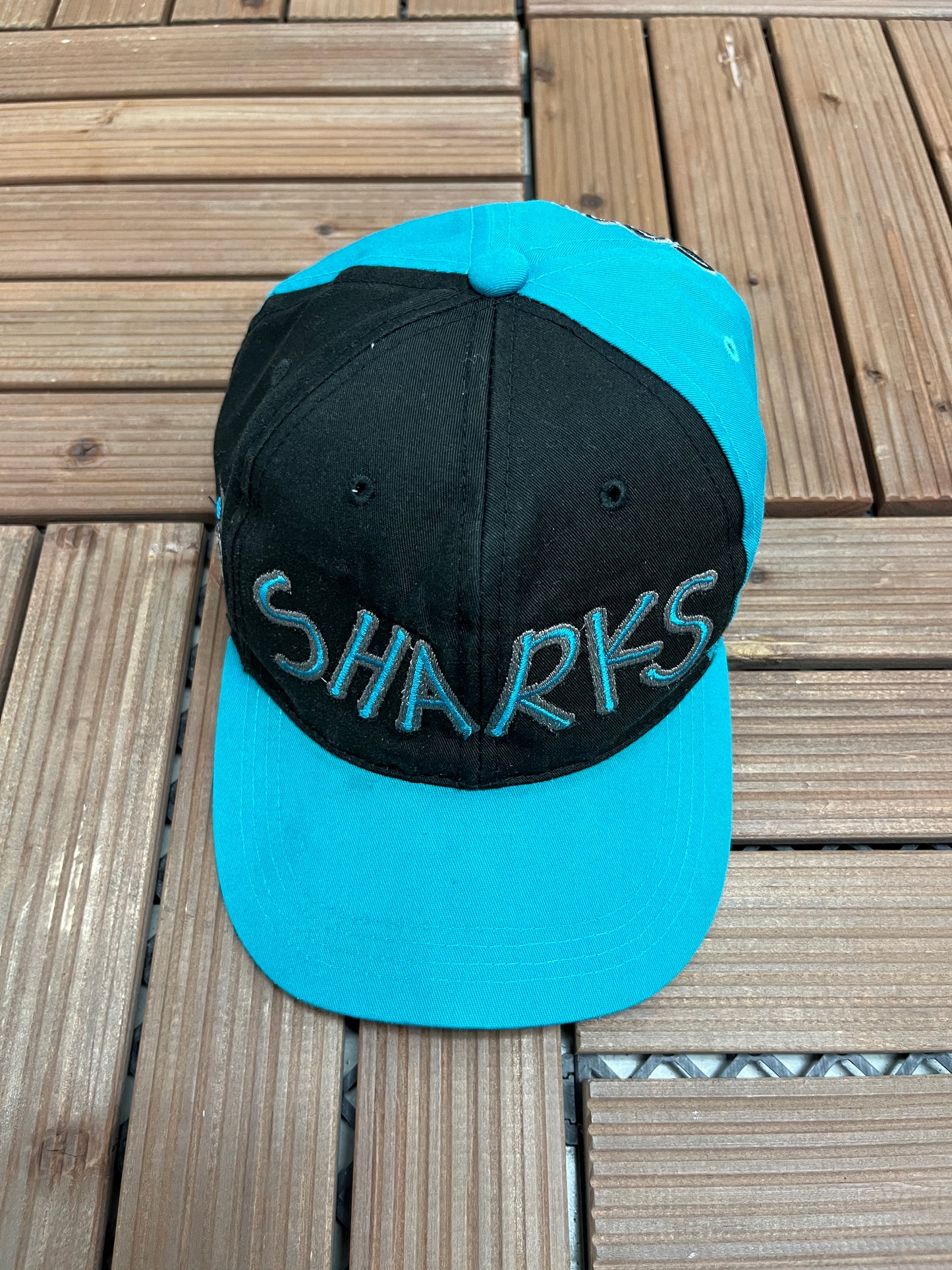 San Jose Sharks Embroidered Graphic Hat | Snap Back | Vintage 1990s NHL Hockey Black Cap |