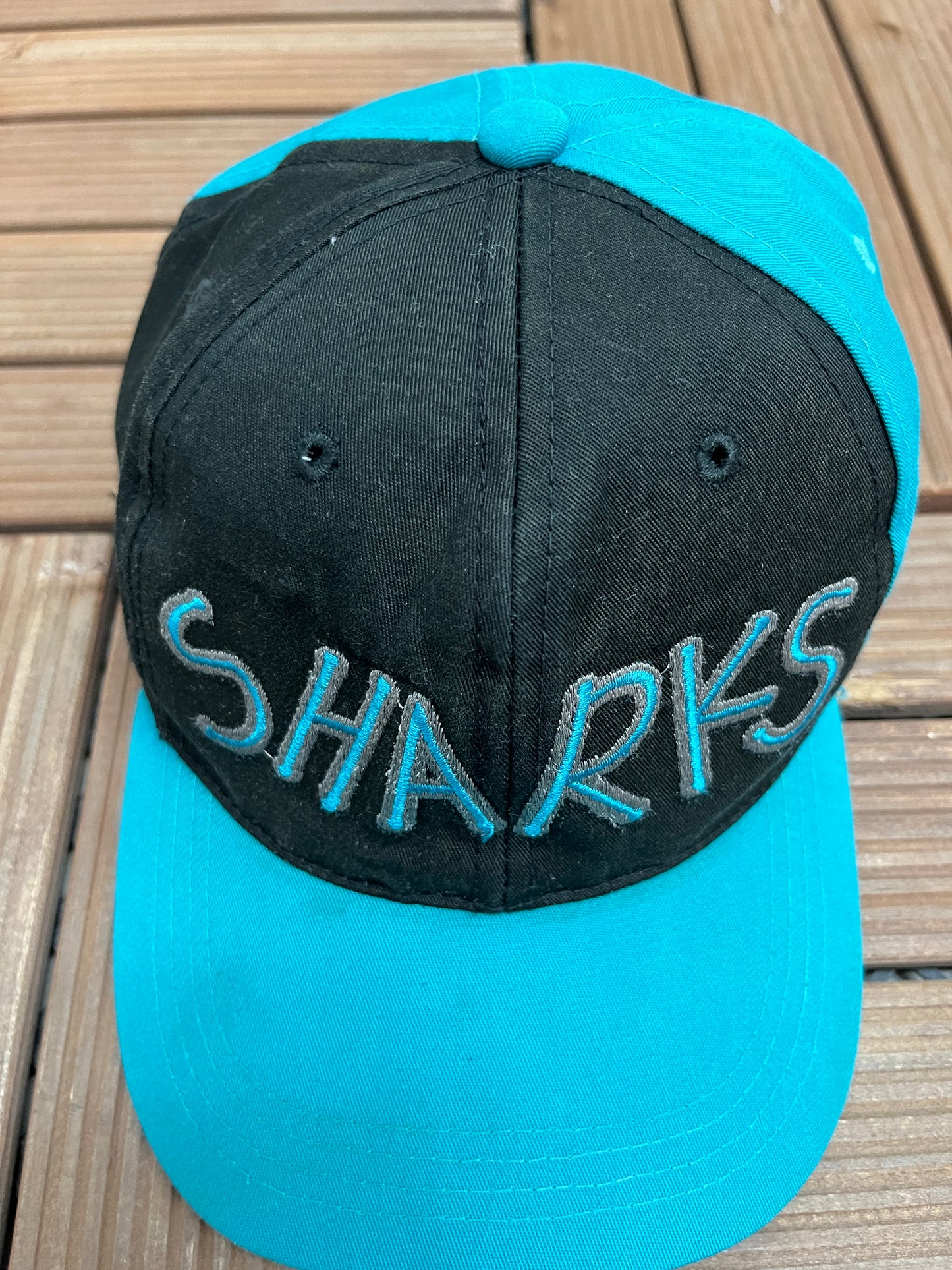 San Jose Sharks Embroidered Graphic Hat | Snap Back | Vintage 1990s NHL Hockey Black Cap |