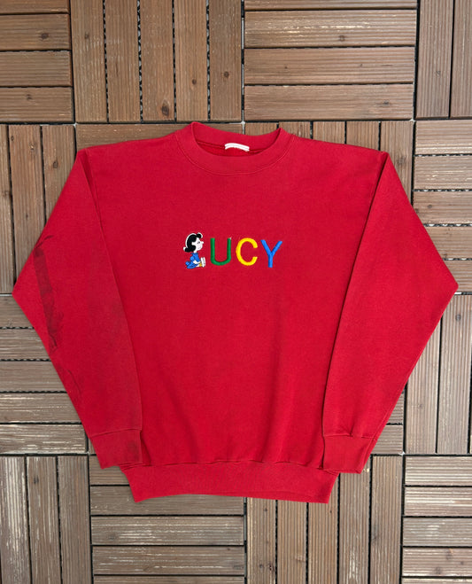 Lucy Embroidered Graphic Crewneck | Size Large | Vintage 1990s Peanuts Cartoon Red Sweater |