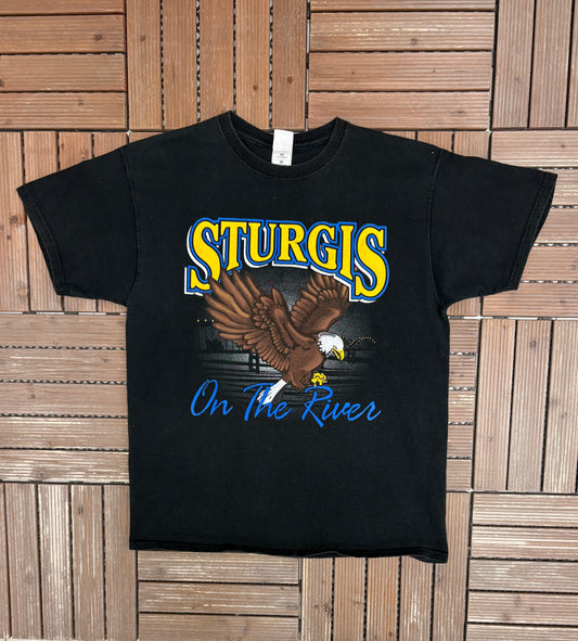 Sturgis On The River Graphic Tee | Size X-Large | Vintage 2000s Biker Motorcycle Black T-Shirt |