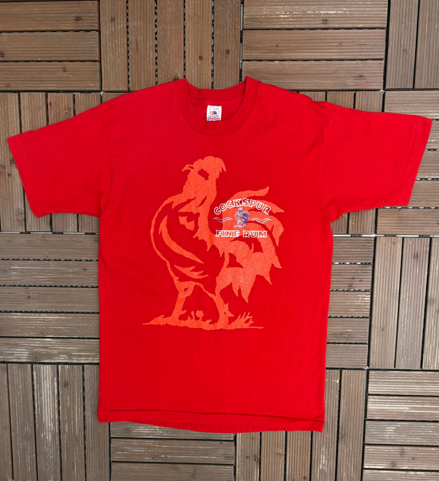 Cockspur Fine Rum Graphic Tee | Size Large | Vintage 1990s Alcohol Promotional Red T-Shirt |