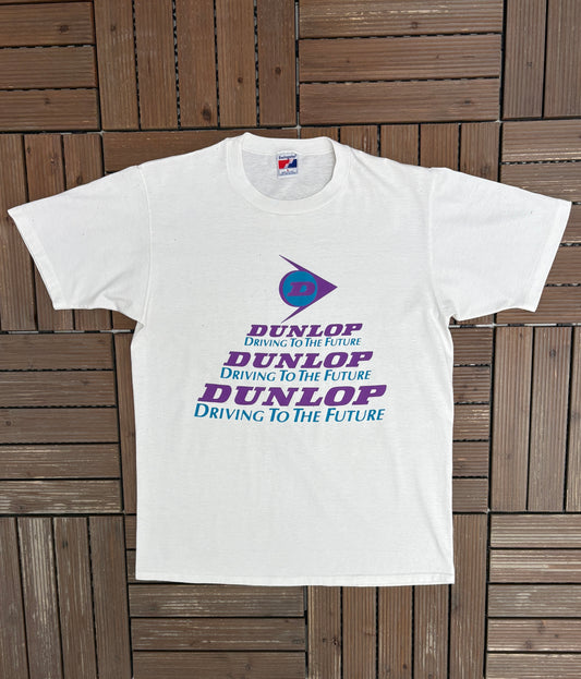 Dunlop Driving To The Future Graphic Tee | Size Large | Vintage 1990s Branded White T-Shirt |