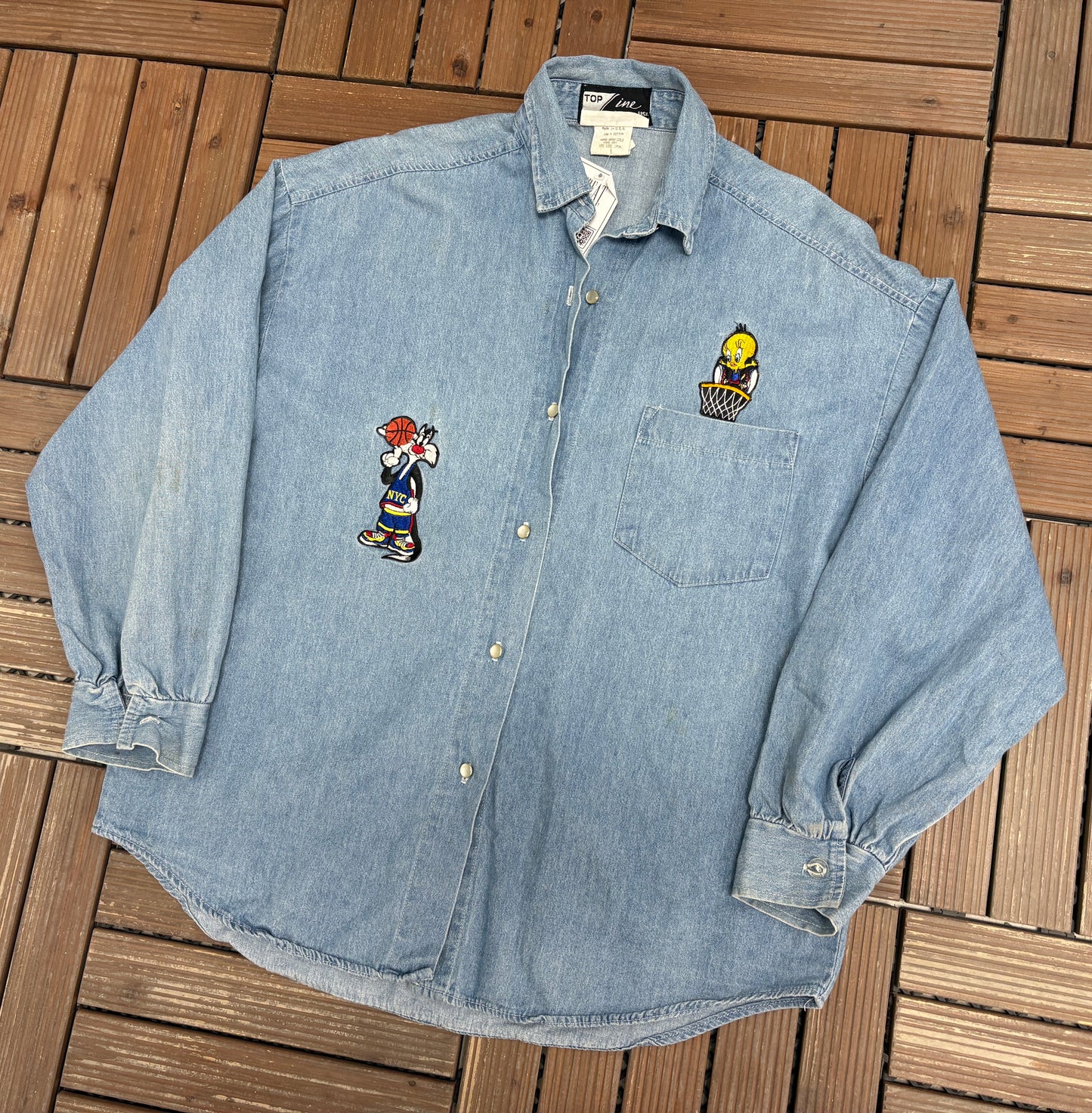 Tweety Bird & Sylvester Denim Jacket | Size Large | Vintage 1990s Blue Light Jean Jacket |