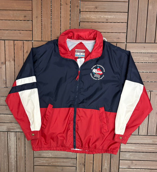 Earlton Temiskaming Motorsport Dragway Embroidered Graphic Windbreaker | Size Large | Vintage 1990s Blue Windbreaker Coat |