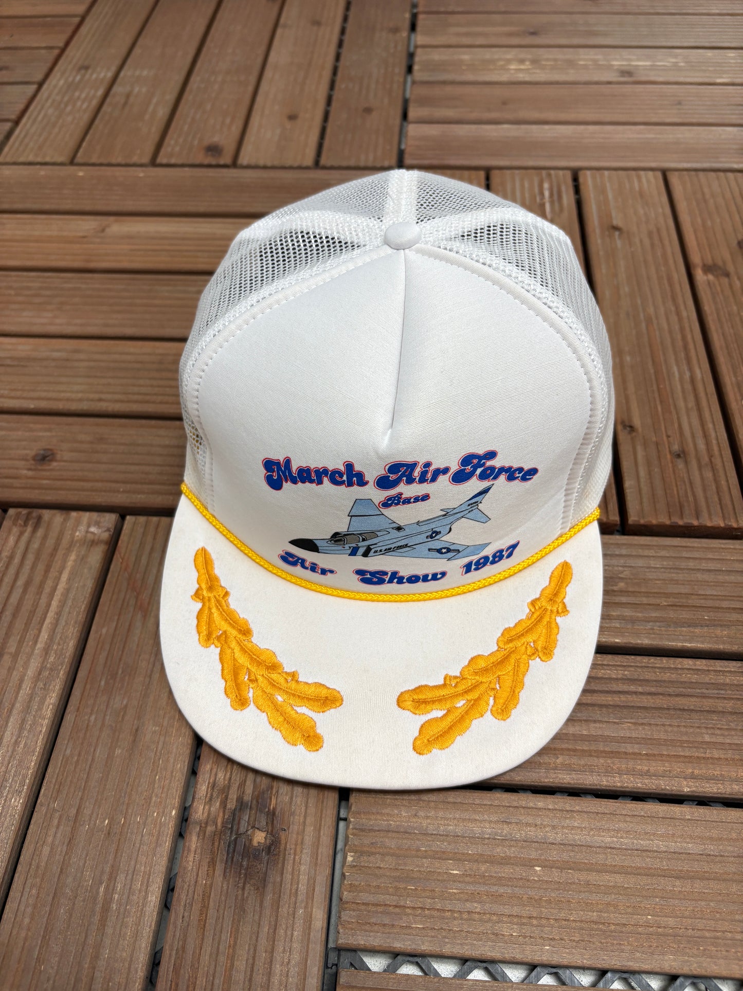 March Air Force Base Air Show '87 Graphic Hat | Snap Back | Vintage 1980s White Trucker Cap |