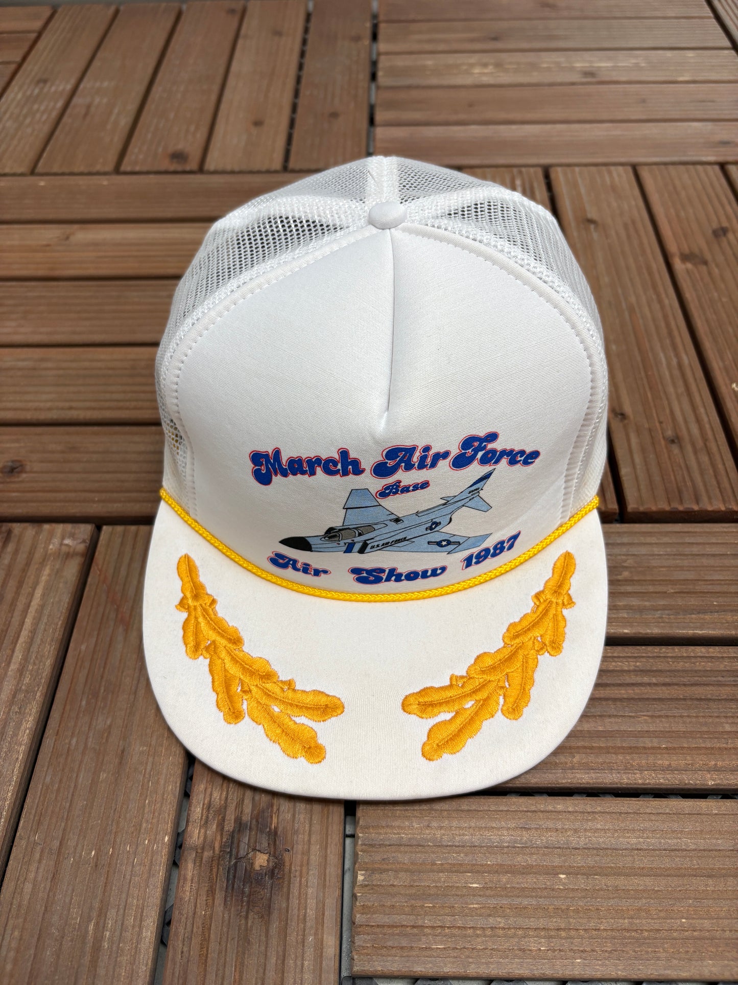 March Air Force Base Air Show '87 Graphic Hat | Snap Back | Vintage 1980s White Trucker Cap |