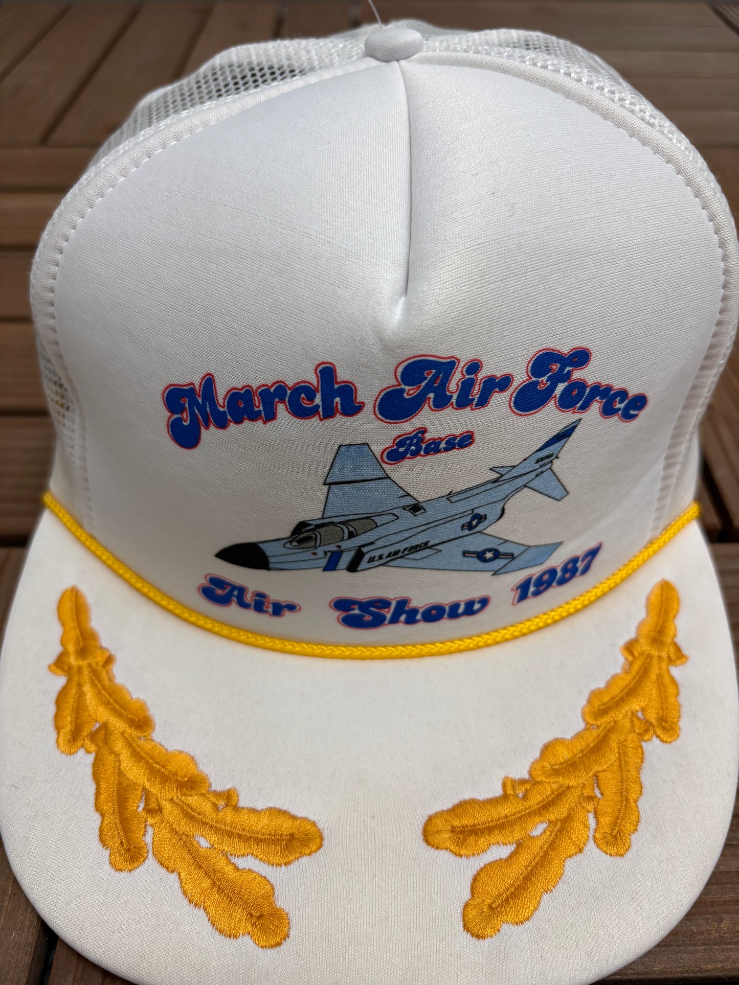 March Air Force Base Air Show '87 Graphic Hat | Snap Back | Vintage 1980s White Trucker Cap |