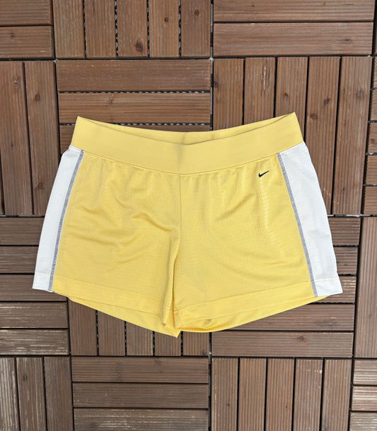 Nike Swoosh Embroidered Graphic Shorts | Size Large | Vintage 2000s Branded Nike Yellow Shorts |