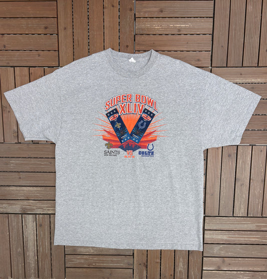 Indianapolis Colts vs. New Orleans Saints Super Bowl XLIV Graphic Tee | Size XX-Large | Vintage 2000s NFL Football Grey T-Shirt |