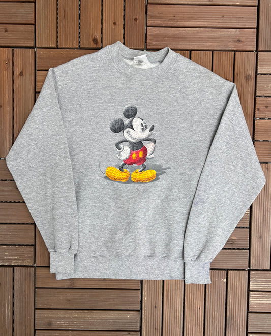 Mickey Mouse Graphic Crewneck | Size Small | Vintage 1990s Promotional Cartoon Grey Sweatshirt |