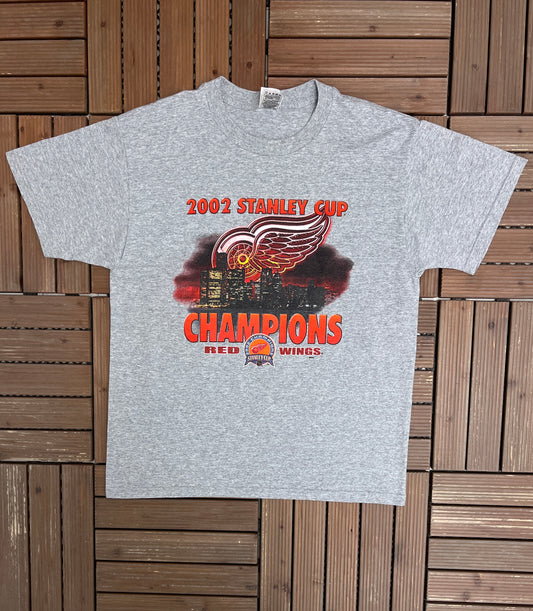 Detroit Red Wings Stanley Cup Champions 2002 Graphic Tee | Size Large | Vintage 2000s NHL Hockey Grey T-Shirt |