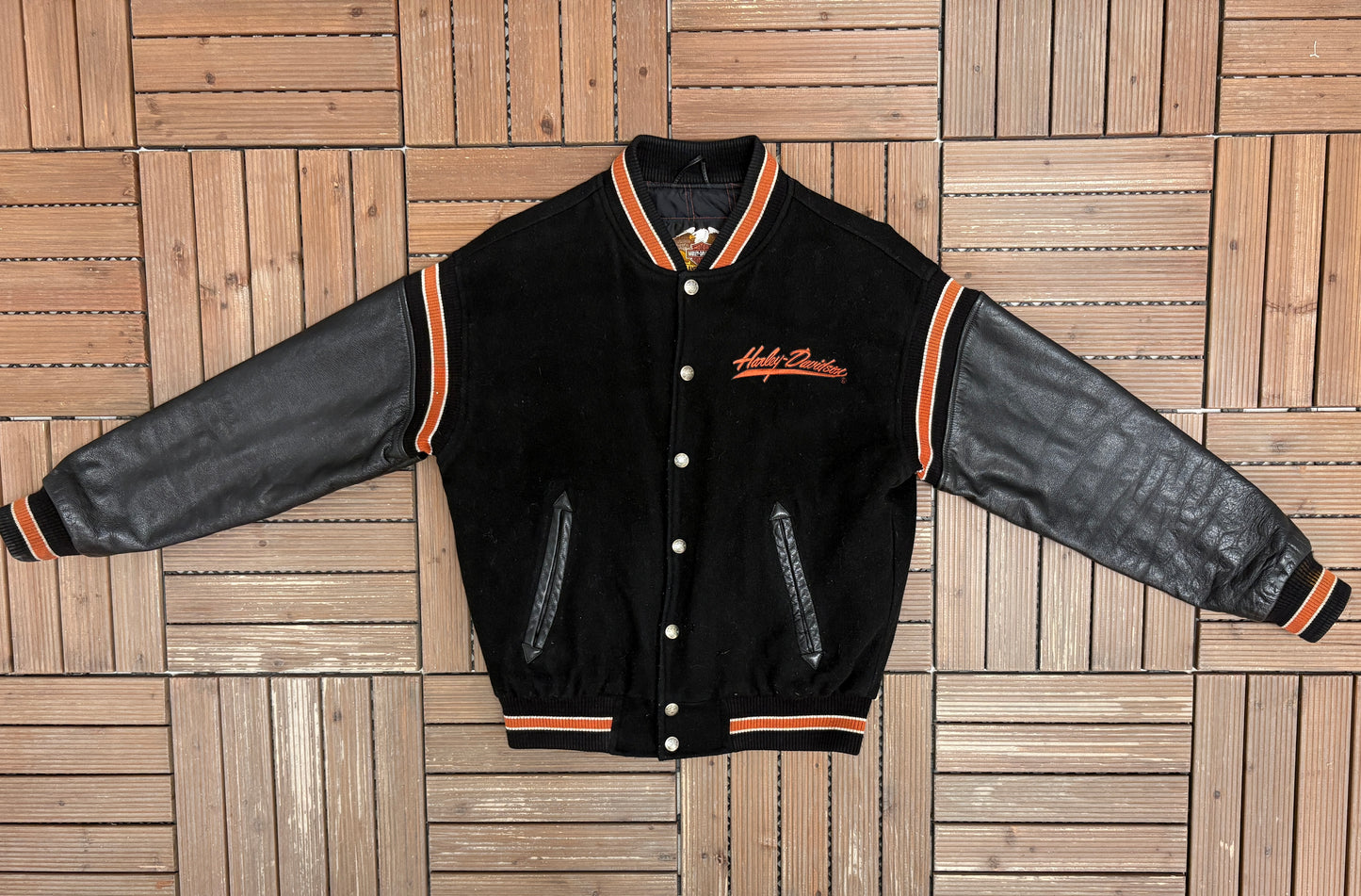 Harley Davidson Embroidered Graphic Jacket | Size Small | Vintage 1990s Black Varsity Bomber Jacket |