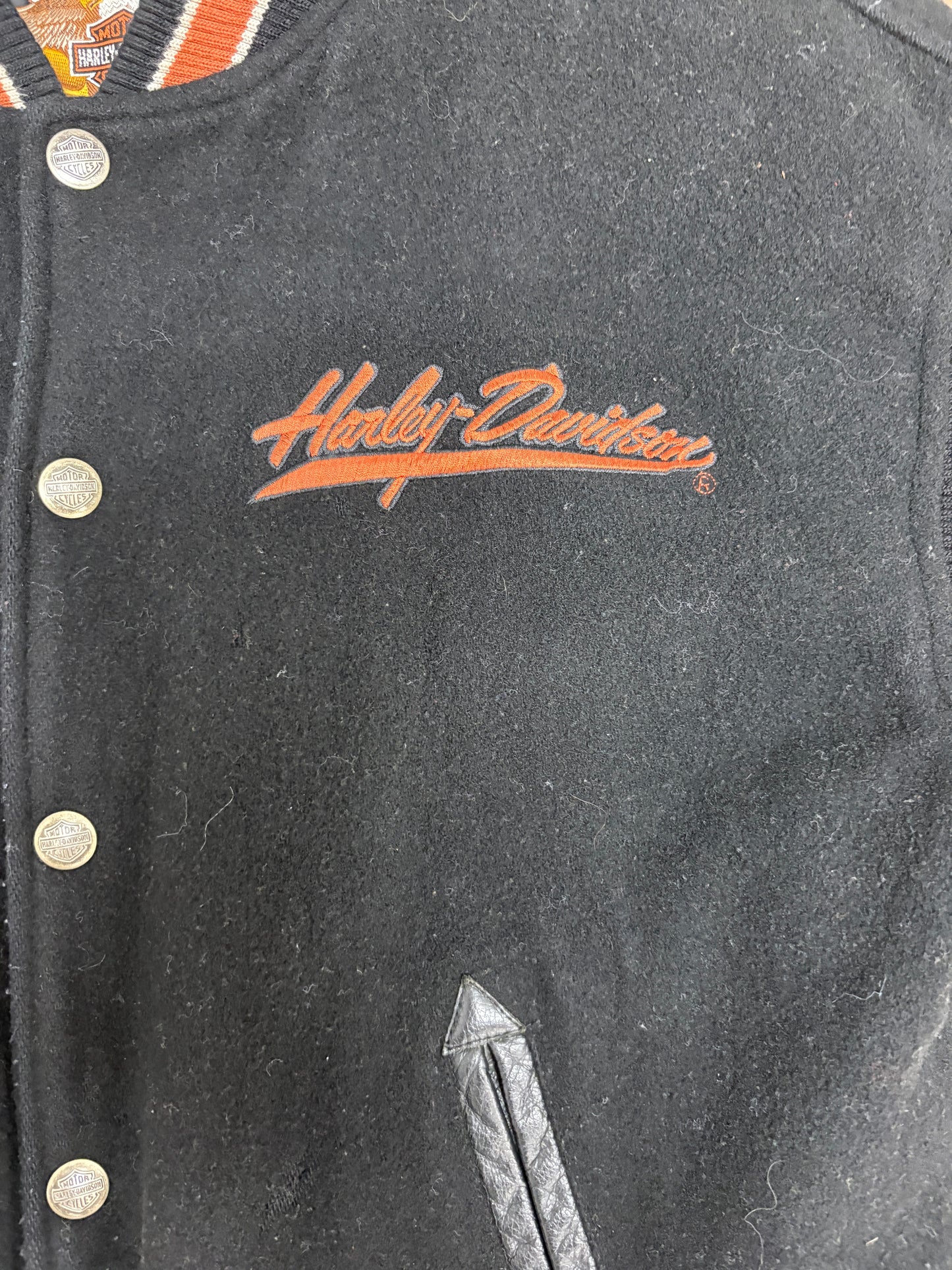 Harley Davidson Embroidered Graphic Jacket | Size Small | Vintage 1990s Black Varsity Bomber Jacket |