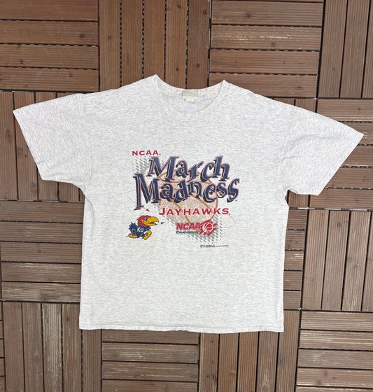 Kansas Jayhawks March Madness Graphic Tee | Size X-Large | Vintage 1990s College Basketball Grey T-Shirt |