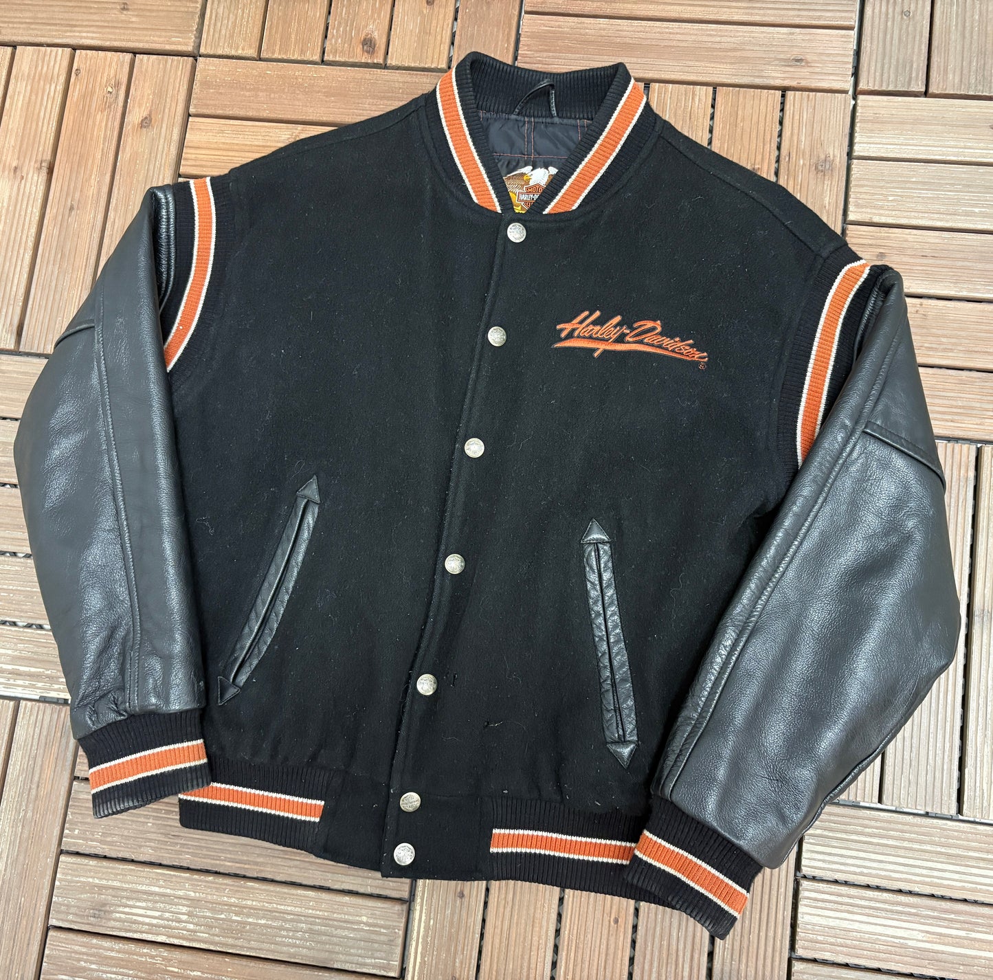 Harley Davidson Embroidered Graphic Jacket | Size Small | Vintage 1990s Black Varsity Bomber Jacket |