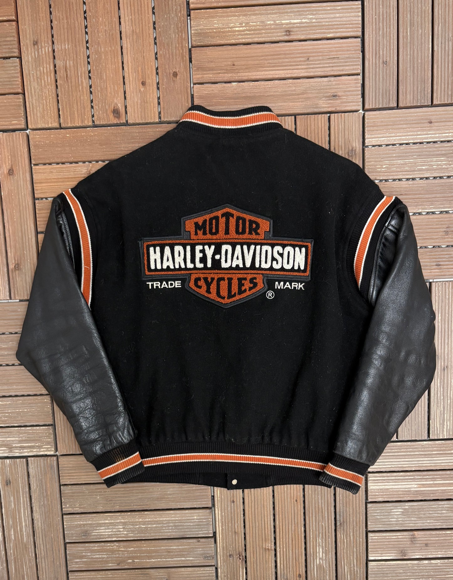 Harley Davidson Embroidered Graphic Jacket | Size Small | Vintage 1990s Black Varsity Bomber Jacket |