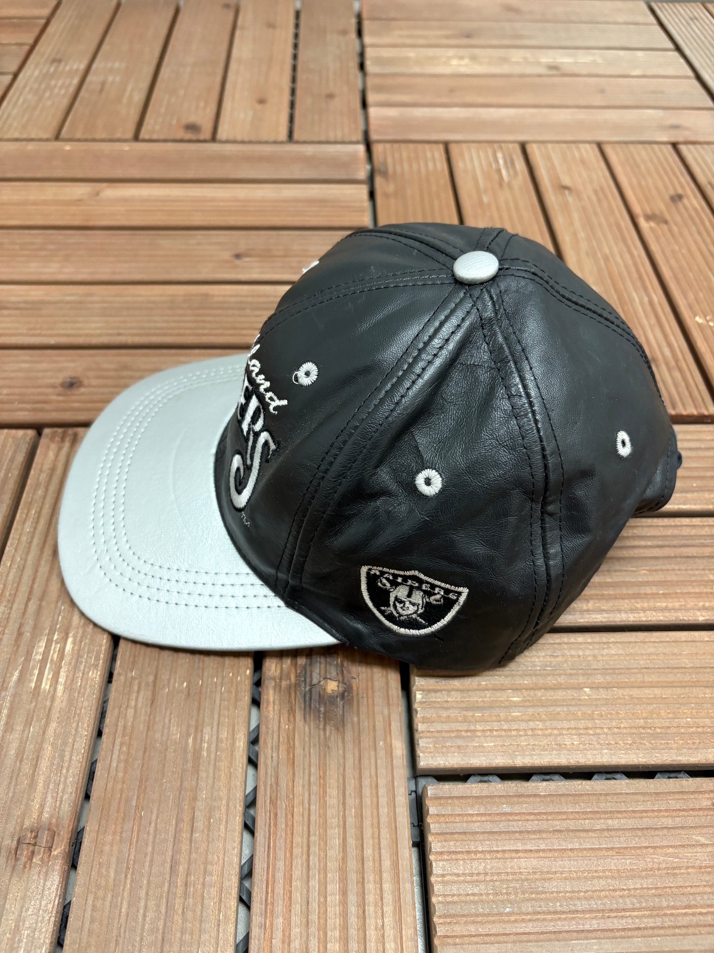 Oakland Raiders Football Embroidered Graphic Hat | Snap Back | Vintage 2000s NFL Football Black Leather Cap |