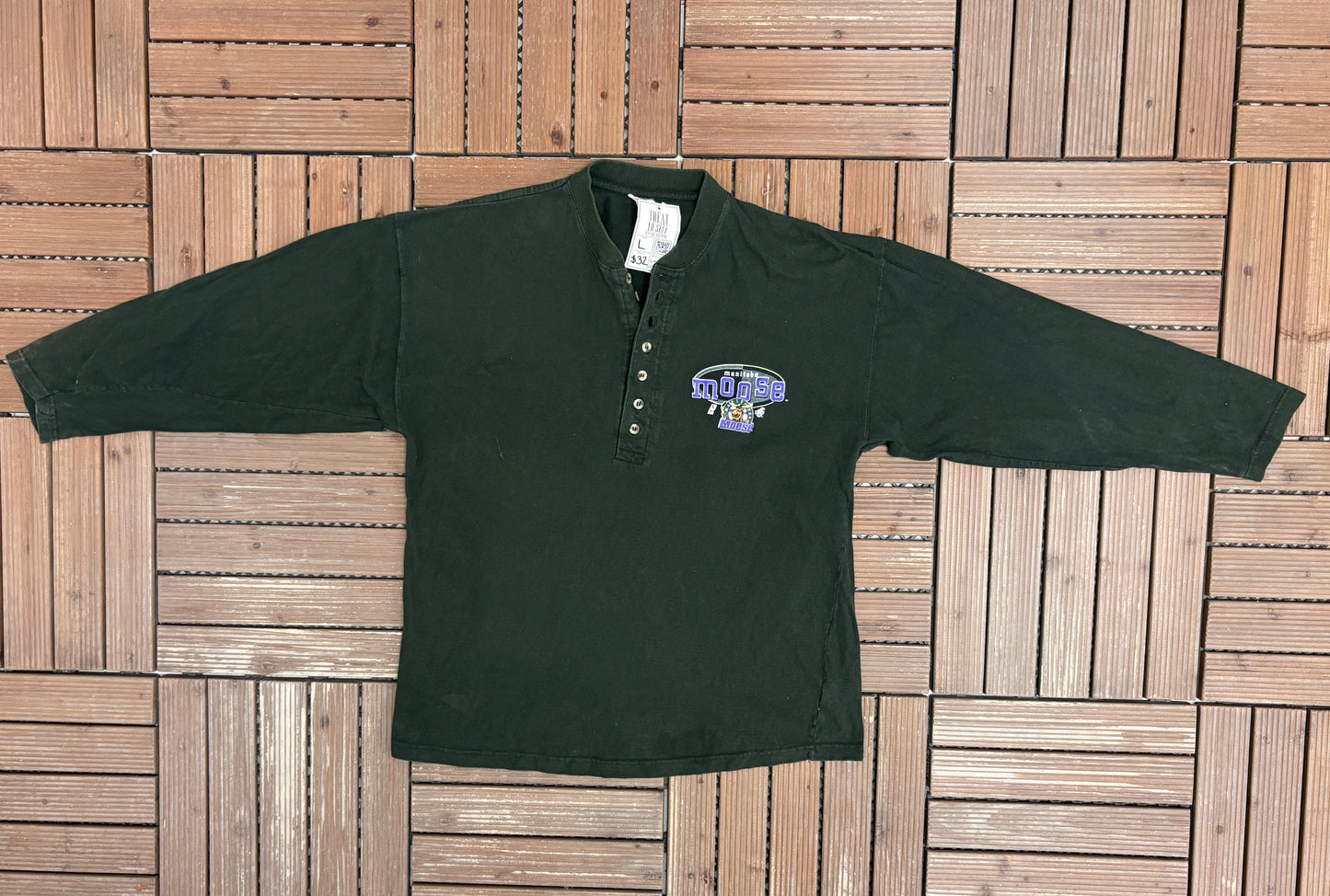 Manitoba Moose Graphic Tee | Size Large | Vintage 1990s AHL Hockey Green Long Sleeve T-Shirt |