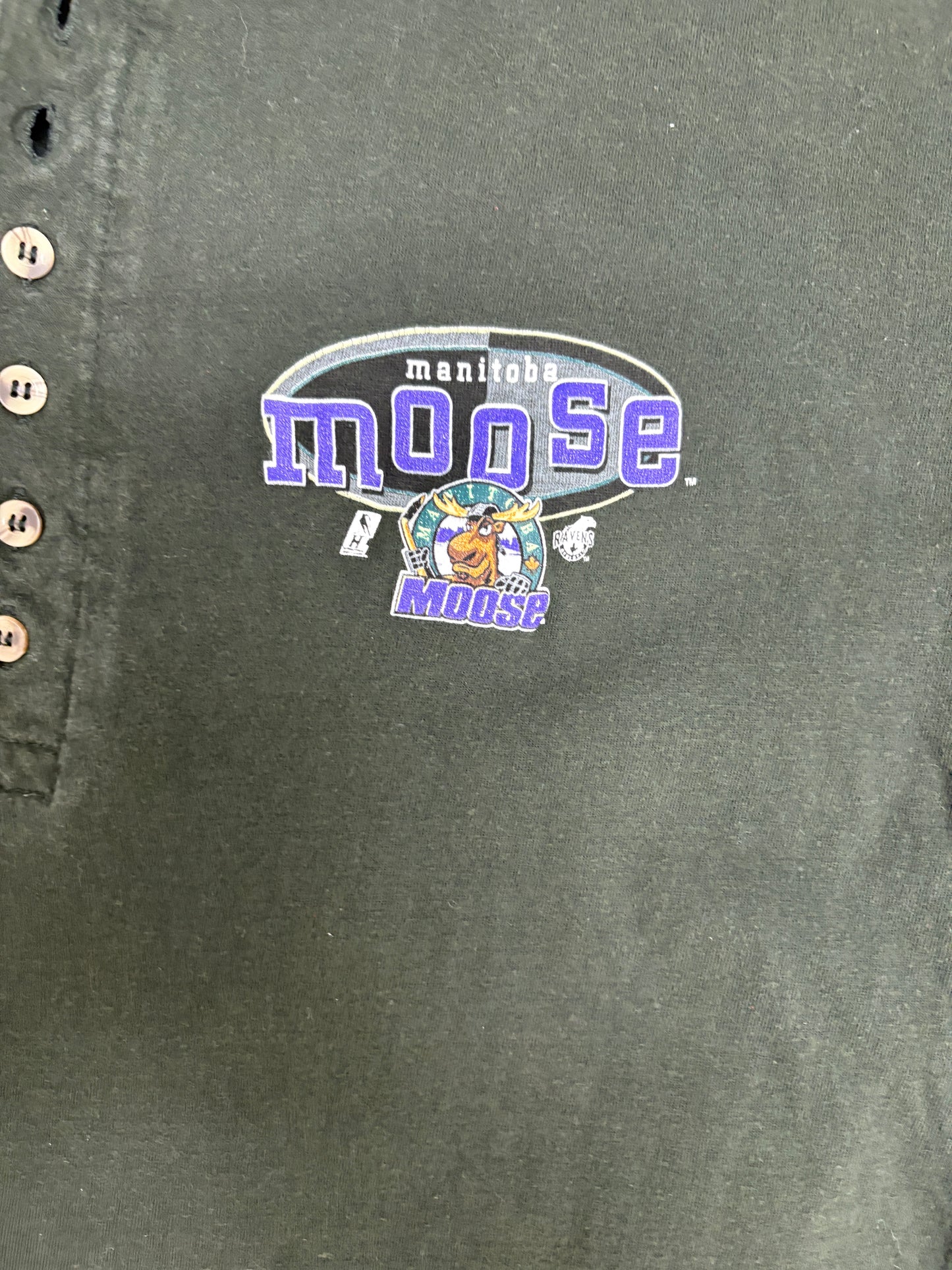 Manitoba Moose Graphic Tee | Size Large | Vintage 1990s AHL Hockey Green Long Sleeve T-Shirt |