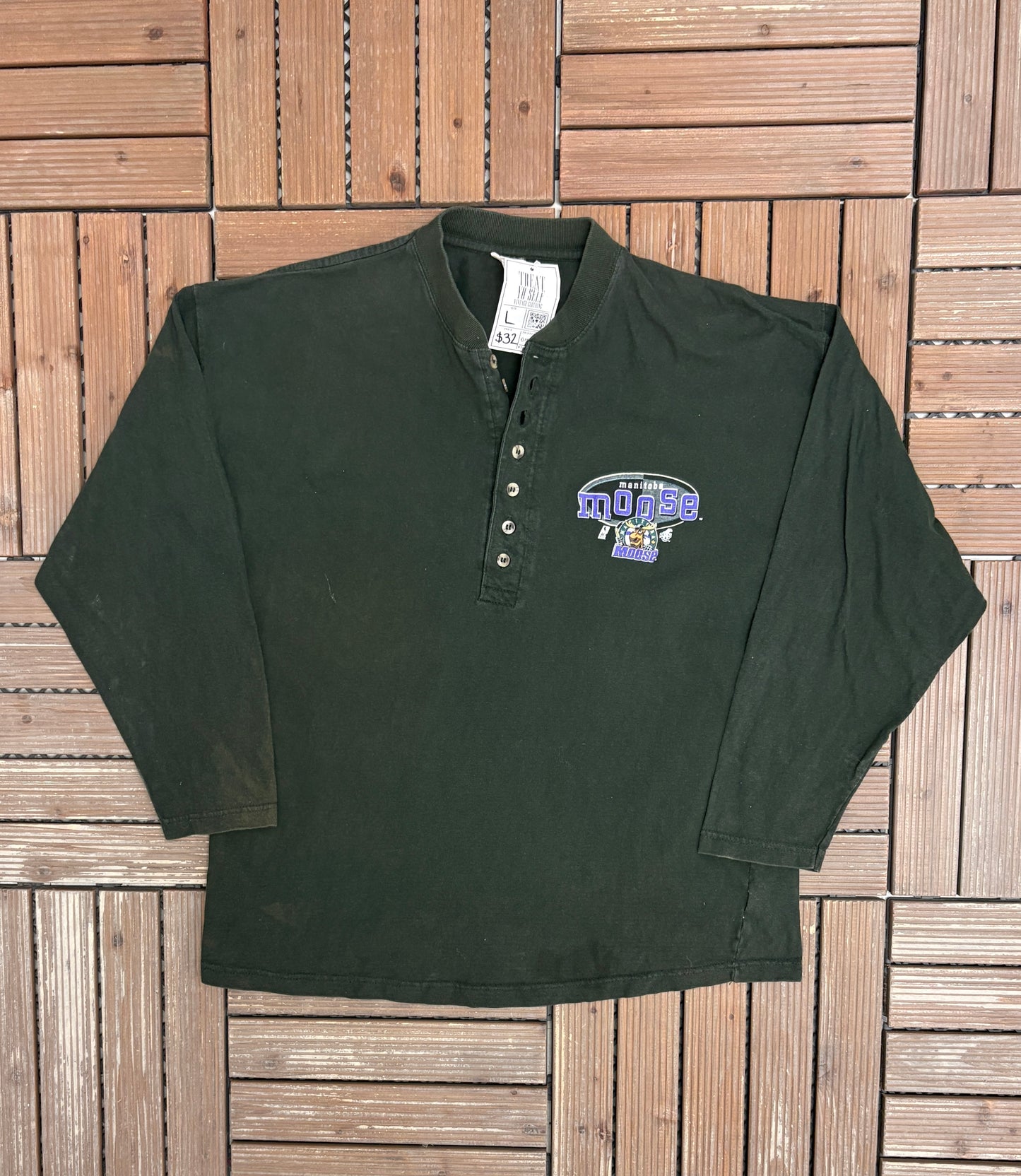 Manitoba Moose Graphic Tee | Size Large | Vintage 1990s AHL Hockey Green Long Sleeve T-Shirt |