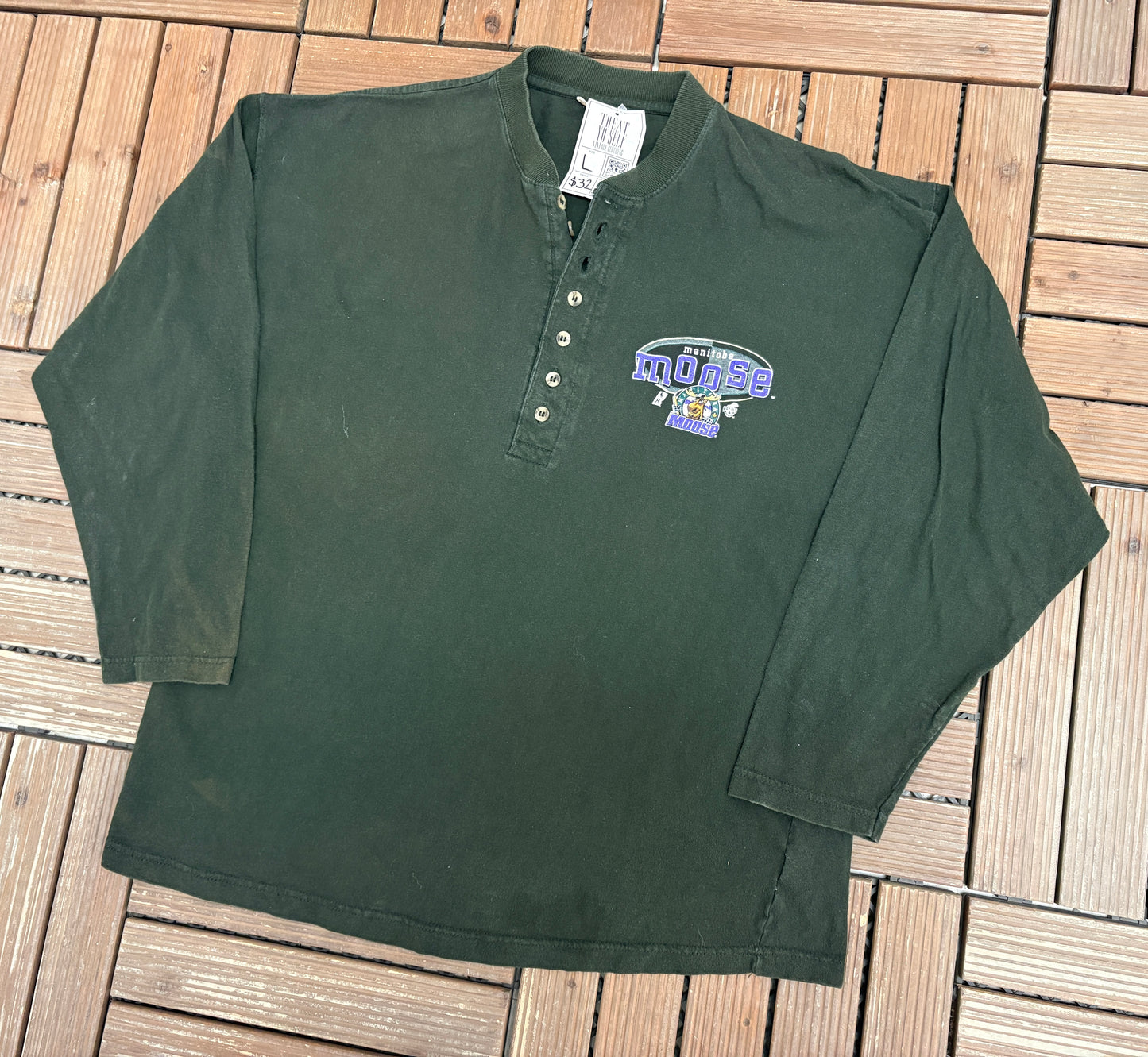 Manitoba Moose Graphic Tee | Size Large | Vintage 1990s AHL Hockey Green Long Sleeve T-Shirt |