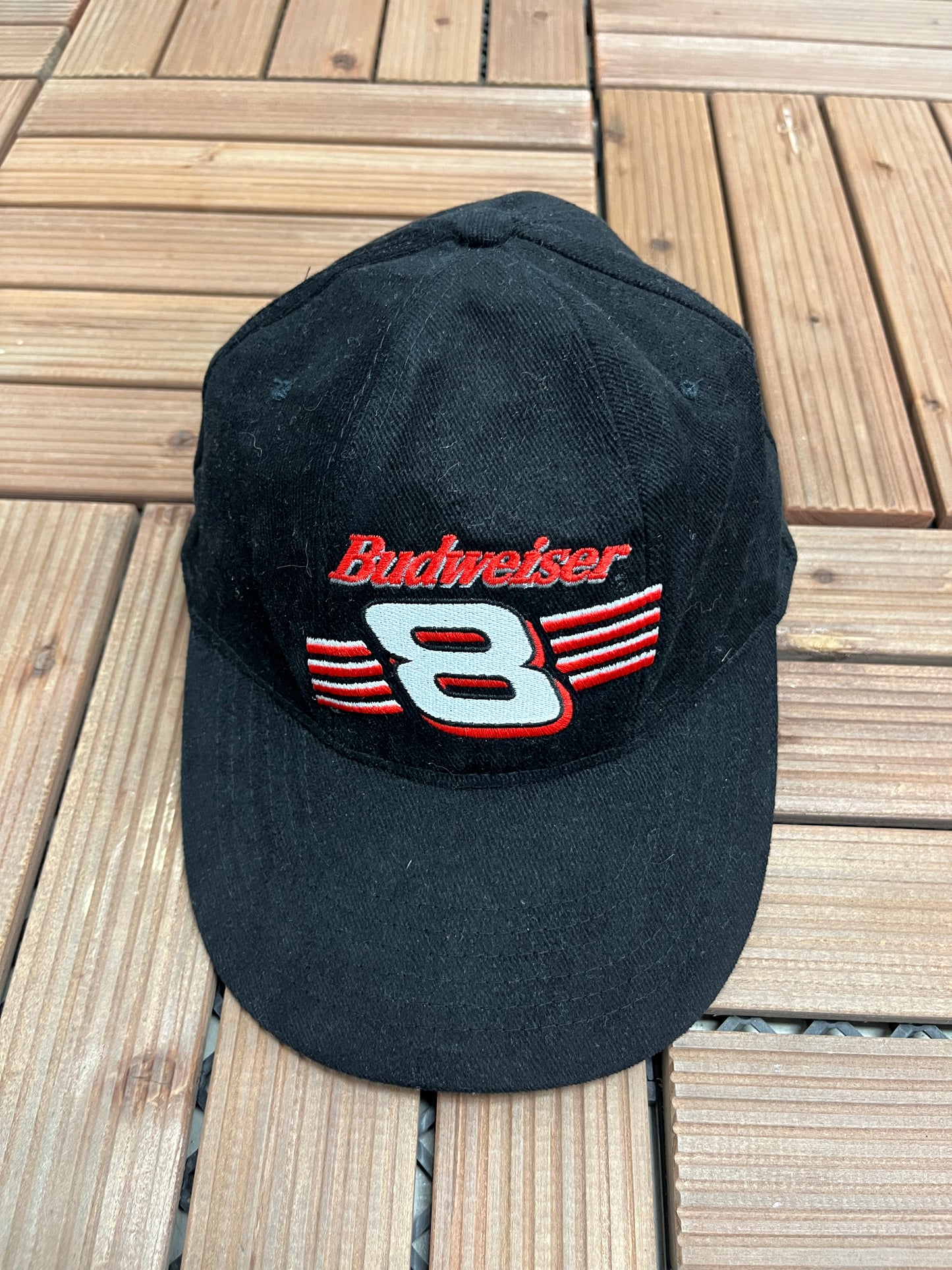 Dale Earnhardt Jr. Budweiser Graphic Hat | Metal Clasp | Vintage 2000s NASCAR Racing Black Cap |