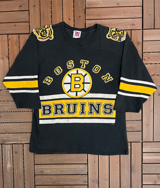 Boston Bruins Graphic Tee | Size Medium | Vintage 1990s NHL Hockey Black 3/4 Sleeve T-Shirt |